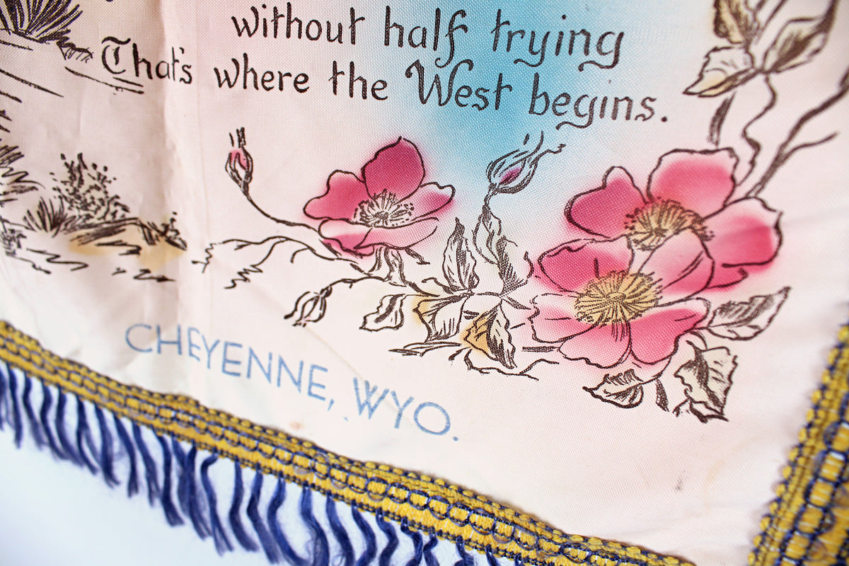 Cheyenne, Wyoming, Souvenir Satin Pillow Cover With Fringe, Featuring “Out Where The West Begins” Poem
