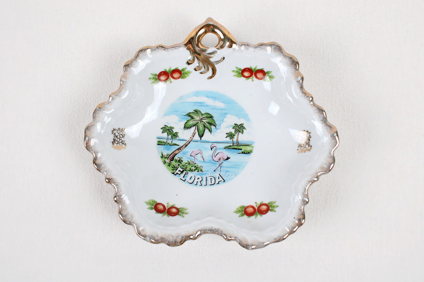 Florida Candy Dish / Trinket Holder / Wall Decor With Goldtoned Ruffled Edge
