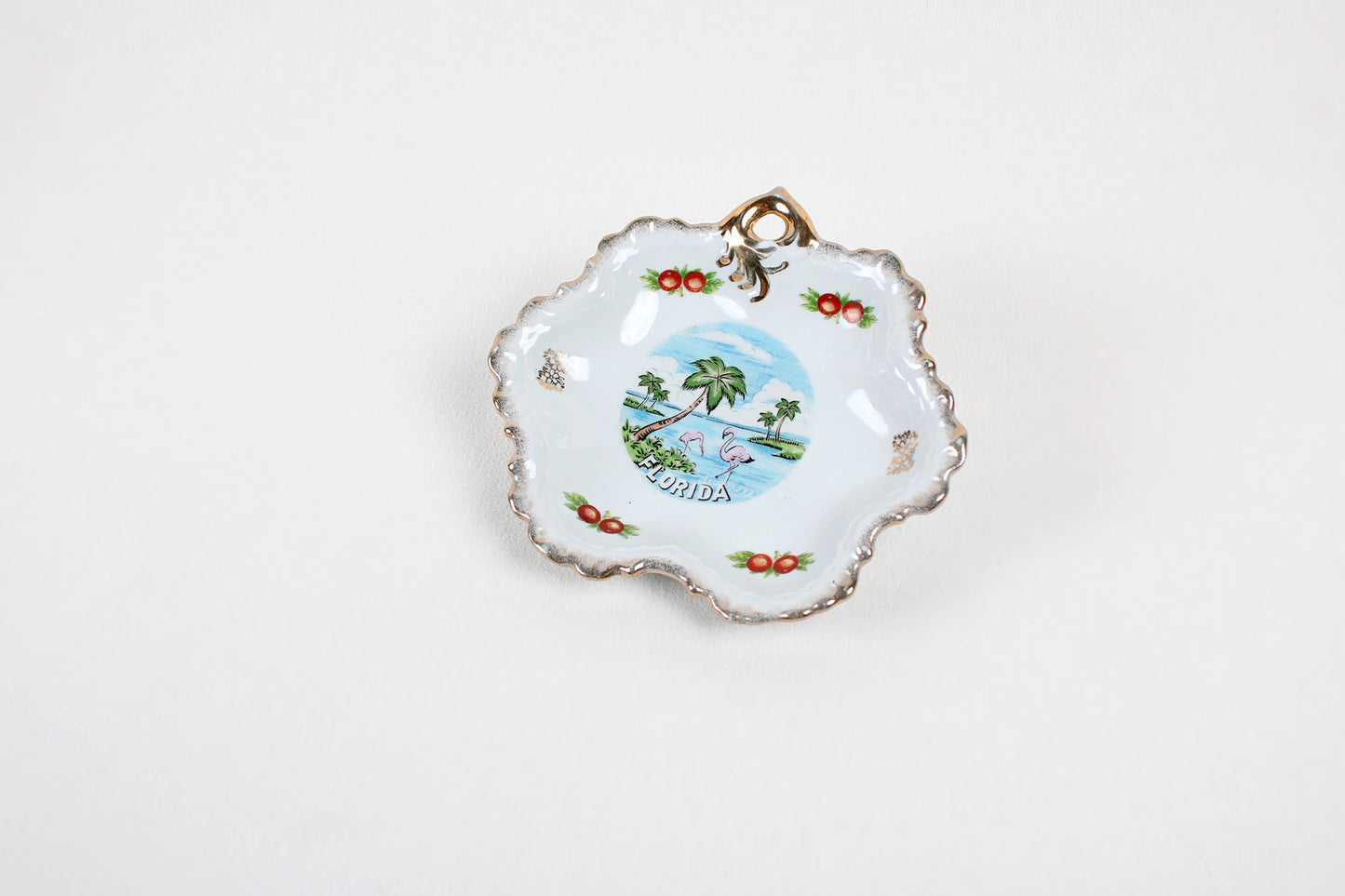 Florida Candy Dish / Trinket Holder / Wall Decor With Goldtoned Ruffled Edge