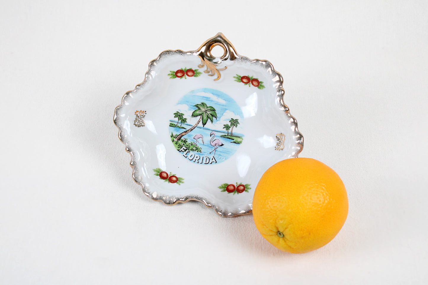 Florida Candy Dish / Trinket Holder / Wall Decor With Goldtoned Ruffled Edge