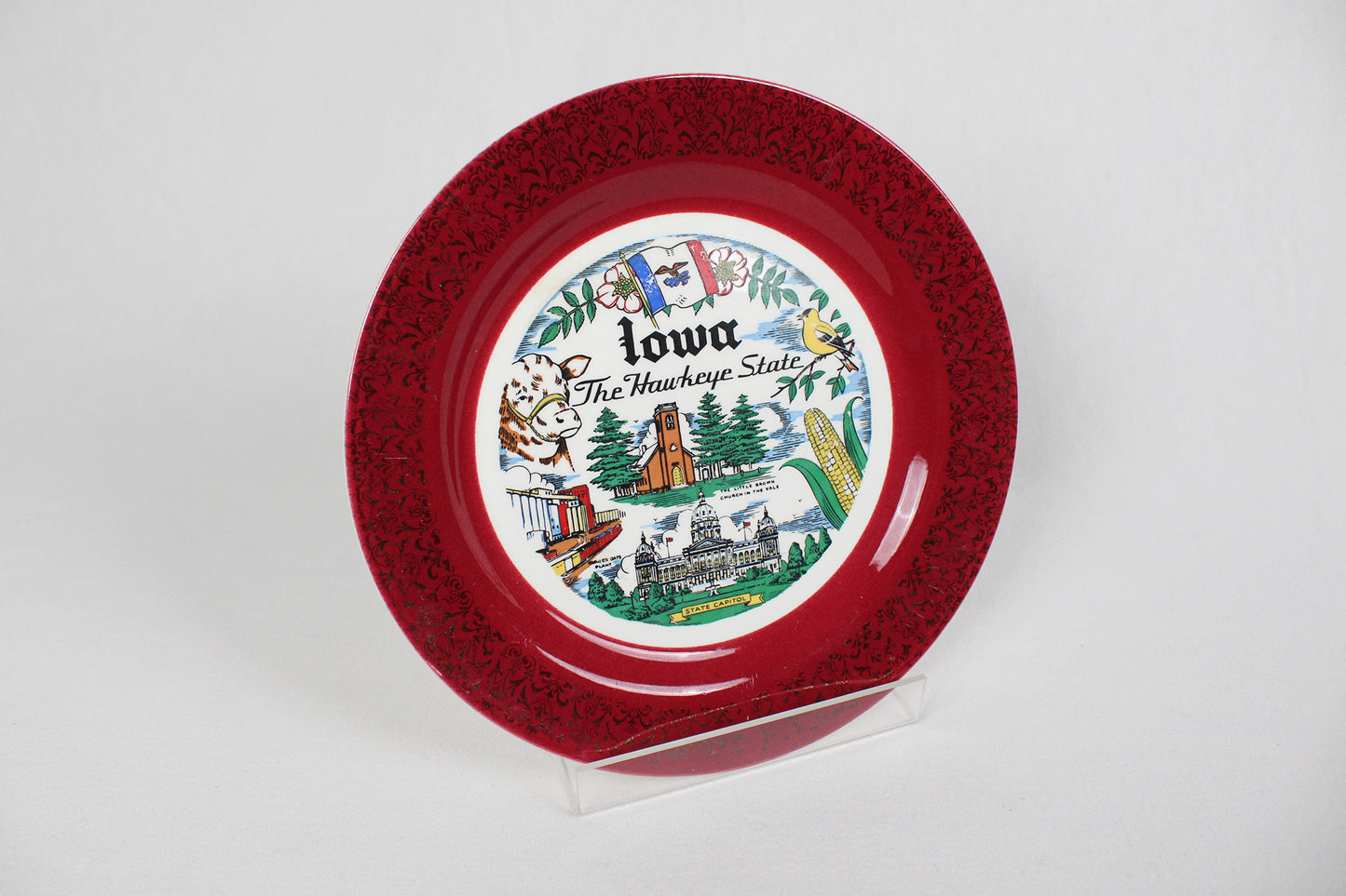 Souvenir Plate of Iowa, The Hawkeye State, Edged With Victorian Burgundy and Gold