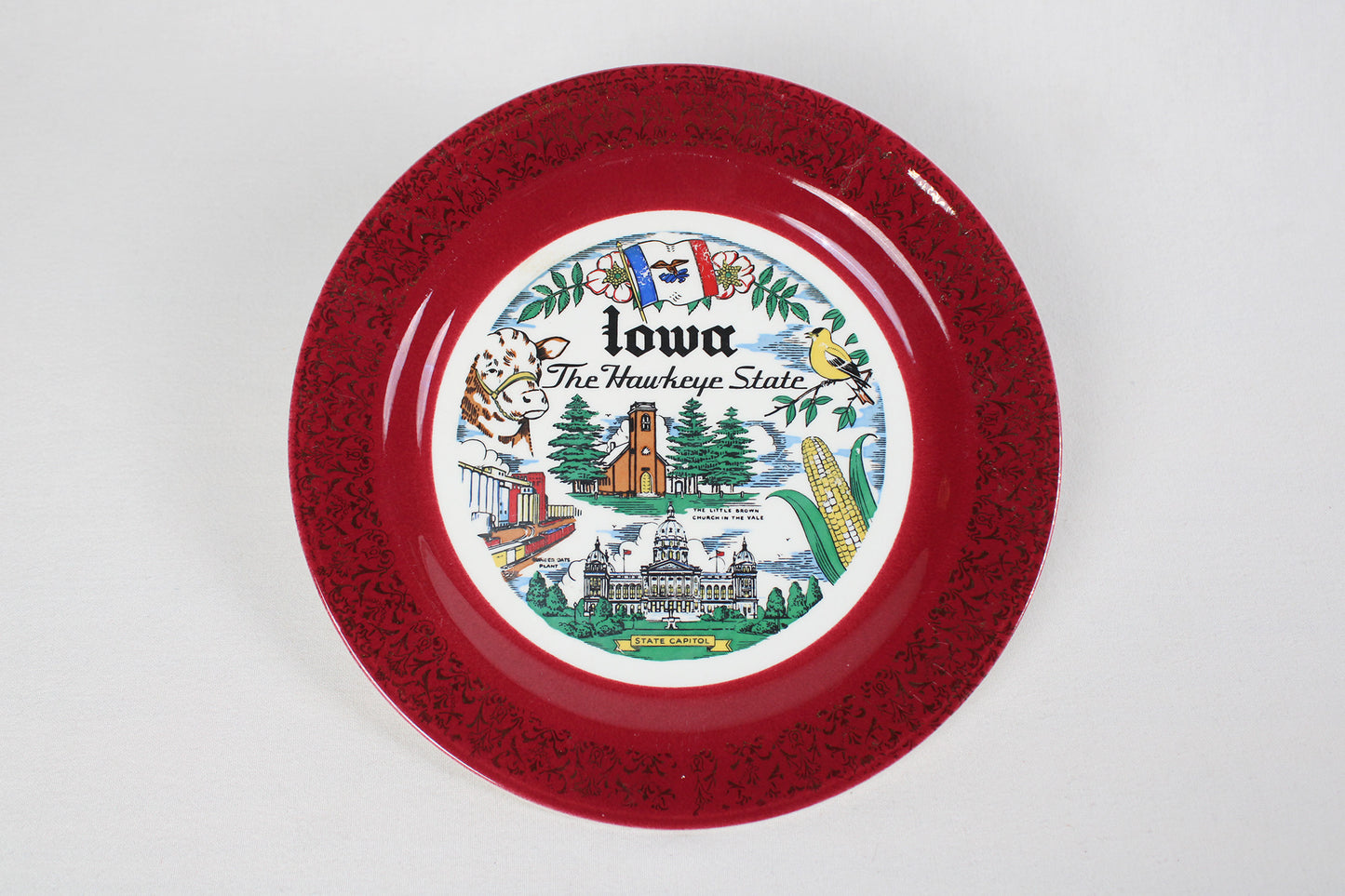 Souvenir Plate of Iowa, The Hawkeye State, Edged With Victorian Burgundy and Gold