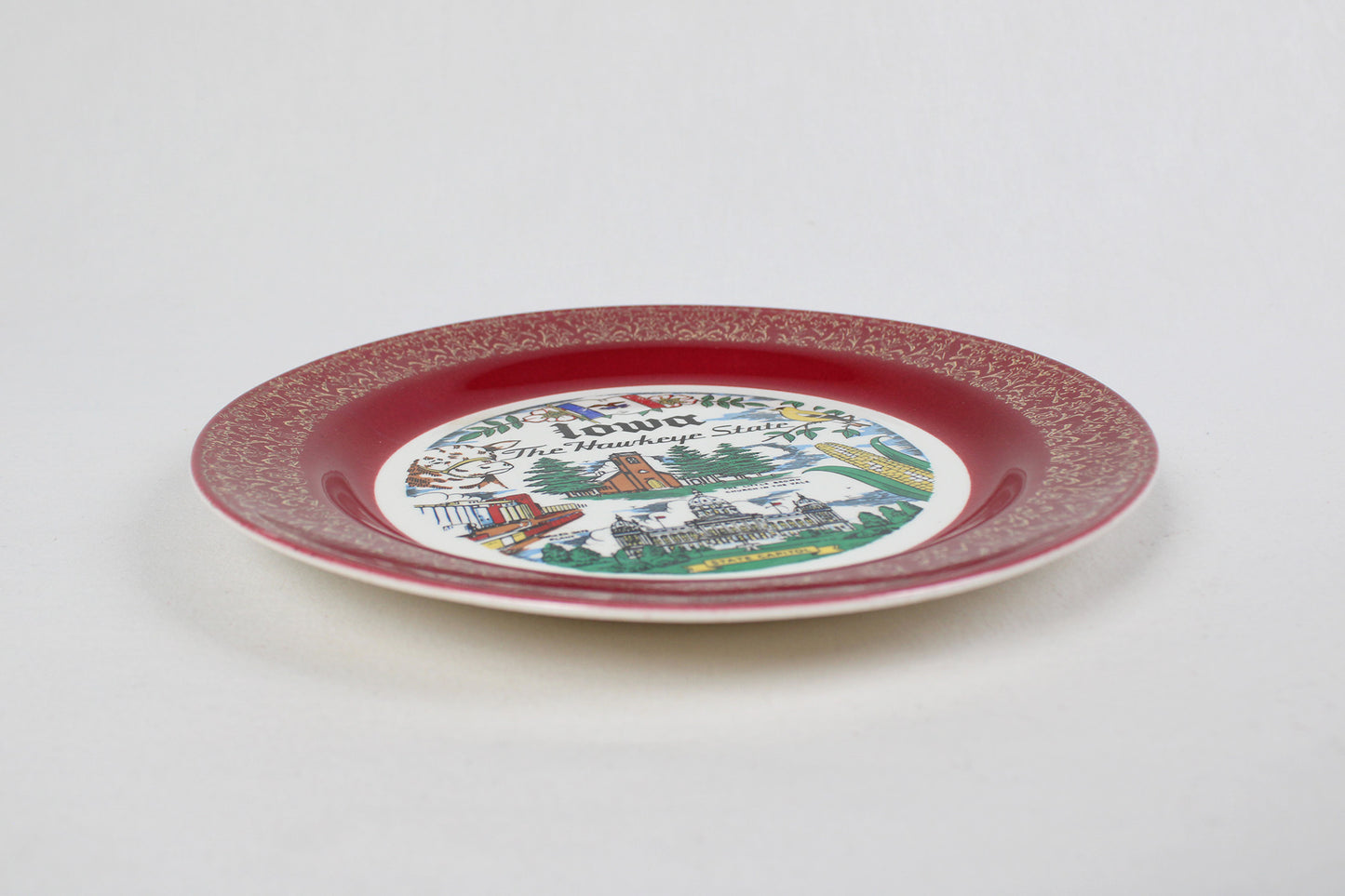 Souvenir Plate of Iowa, The Hawkeye State, Edged With Victorian Burgundy and Gold