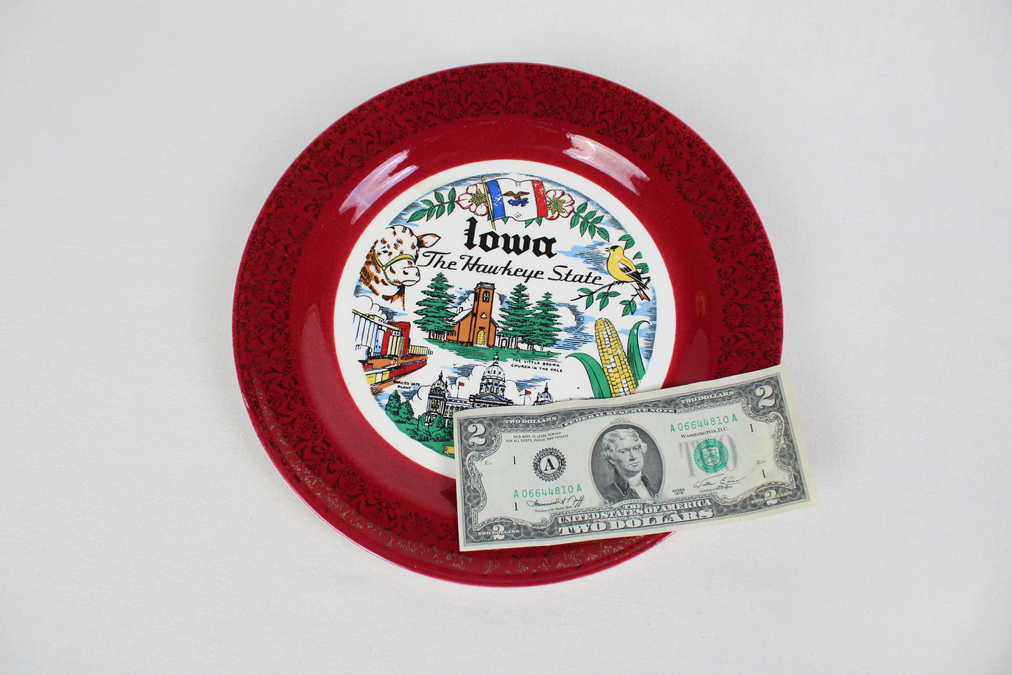 Souvenir Plate of Iowa, The Hawkeye State, Edged With Victorian Burgundy and Gold