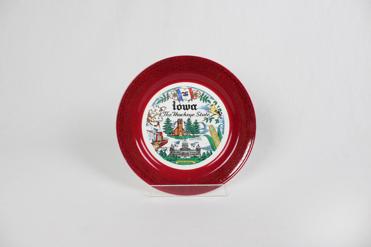 Souvenir Plate of Iowa, The Hawkeye State, Edged With Victorian Burgundy and Gold
