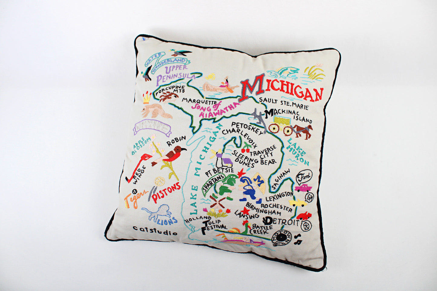 Michigan Embroidered Throw Pillow With Fun Map Of State Attractions