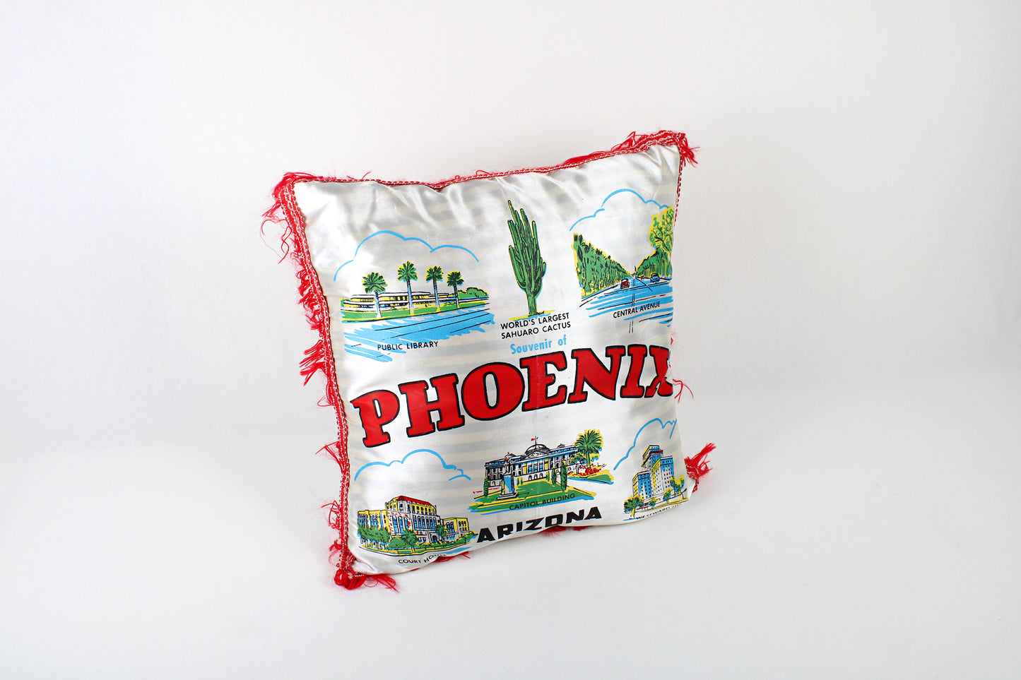 Phoenix, Arizona, Souvenir Fringed Satin Pillow Touting Area Attractions
