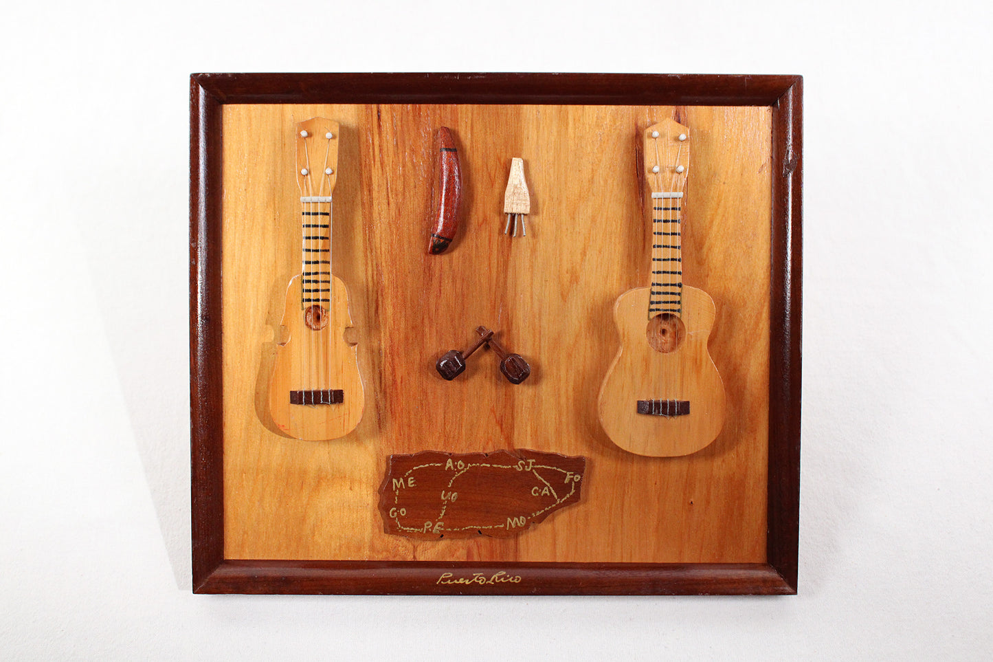 3D Wooden Plaque With Map Of Puerto Rico / Miniature Replicas Of Island’s Musical Instruments