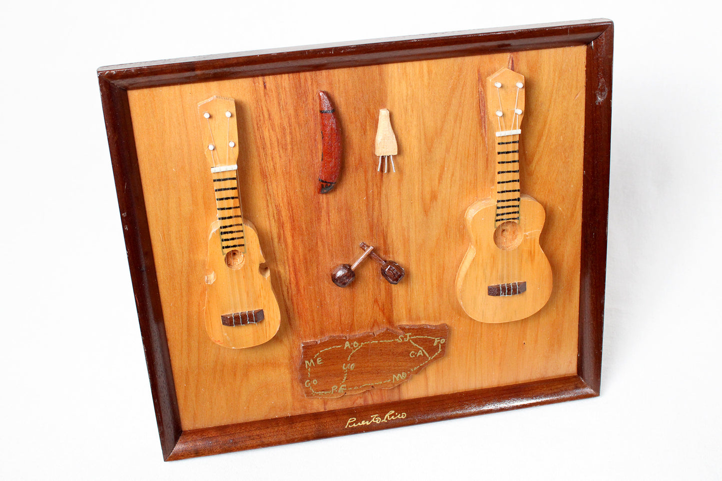 3D Wooden Plaque With Map Of Puerto Rico / Miniature Replicas Of Island’s Musical Instruments