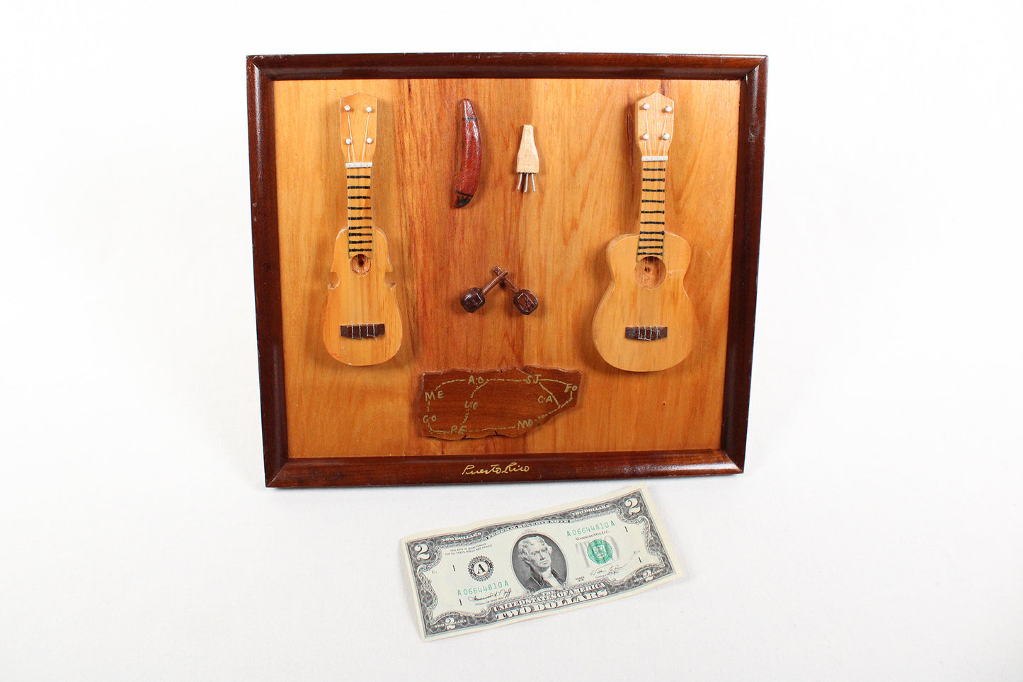 3D Wooden Plaque With Map Of Puerto Rico / Miniature Replicas Of Island’s Musical Instruments