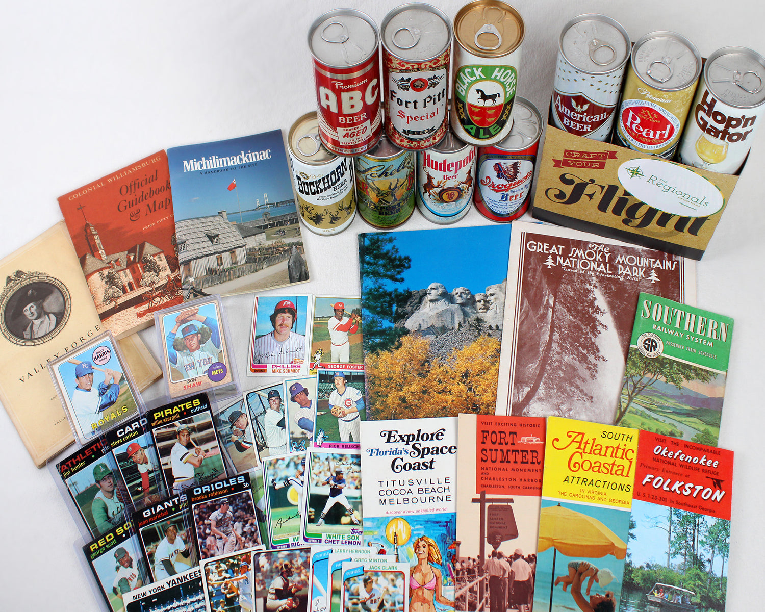 The Regionals Special Collections: 1) Topps Baseball Card Packs (1960-80s), 2) Steel Era Beer Can 6 Packs, 3) "V.I.P." Vintage Itinerary Packets