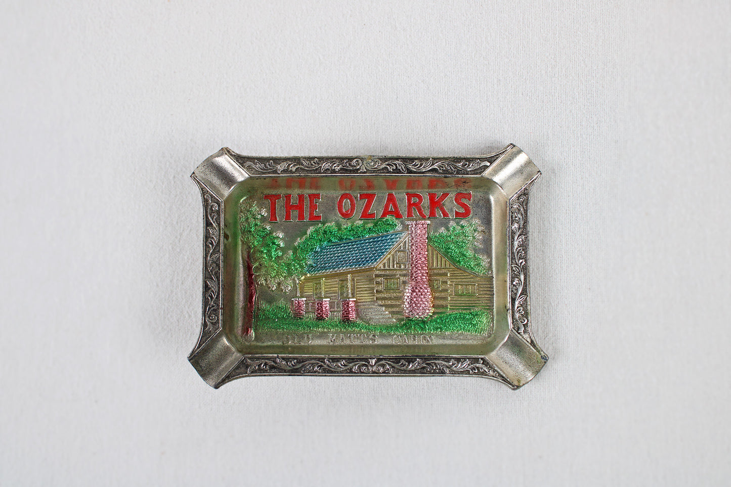 The Ozarks “Old Matt’s Cabin” Metal Ashtray Souvenir
