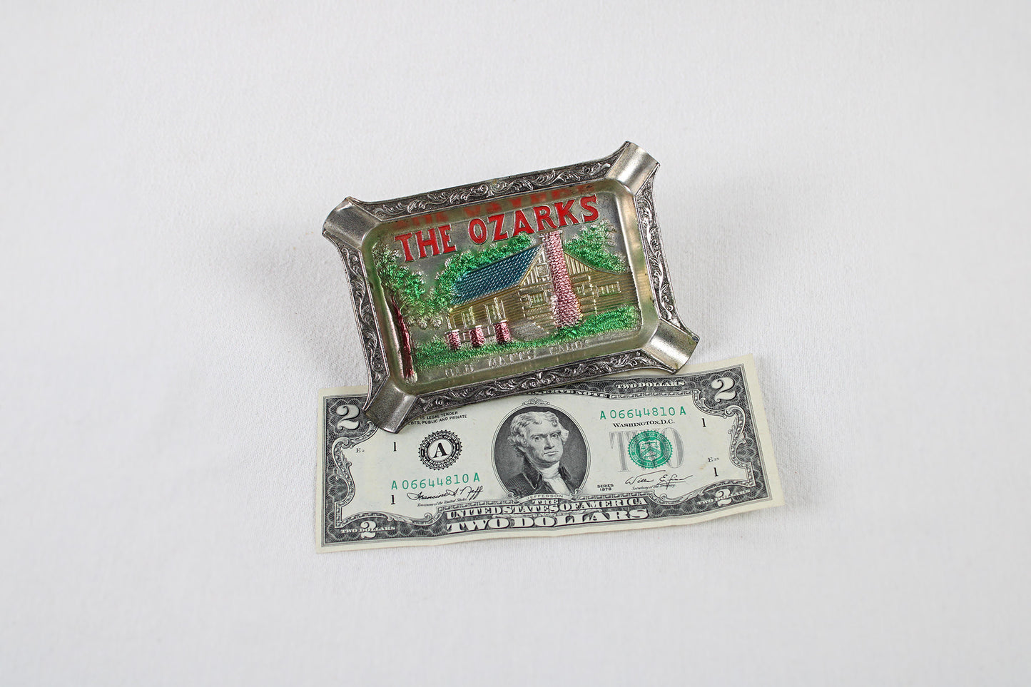 The Ozarks “Old Matt’s Cabin” Metal Ashtray Souvenir