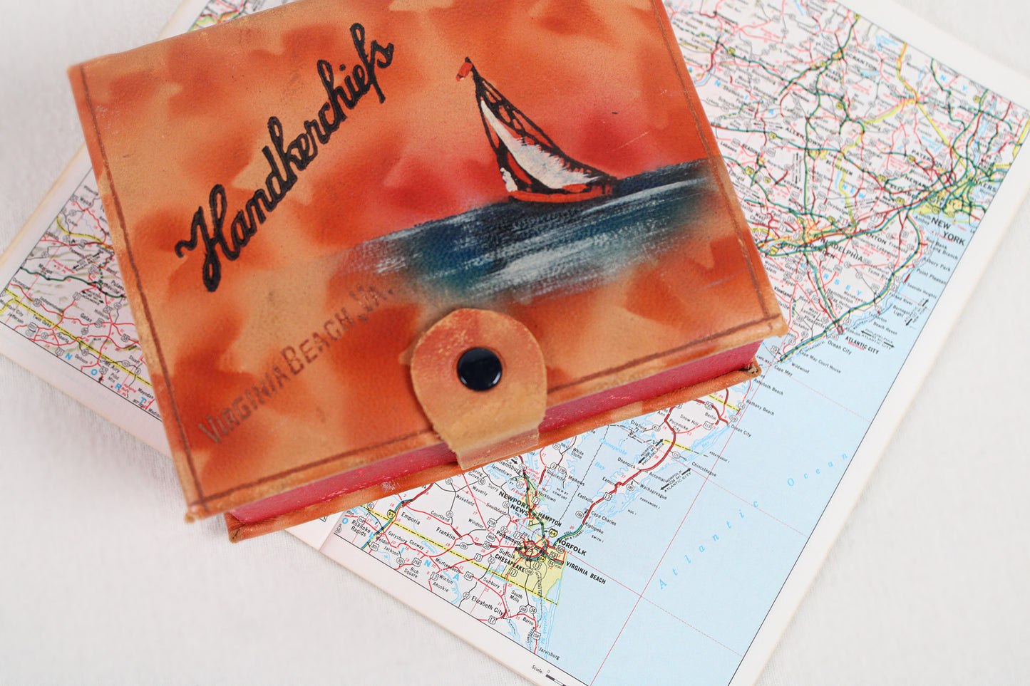 Virginia Beach, Virginia, Leather Handkerchief Holder Box