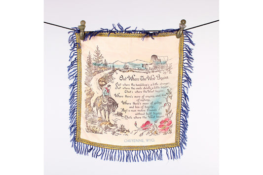 Cheyenne, Wyoming, Souvenir Satin Pillow Cover With Fringe, Featuring “Out Where The West Begins” Poem