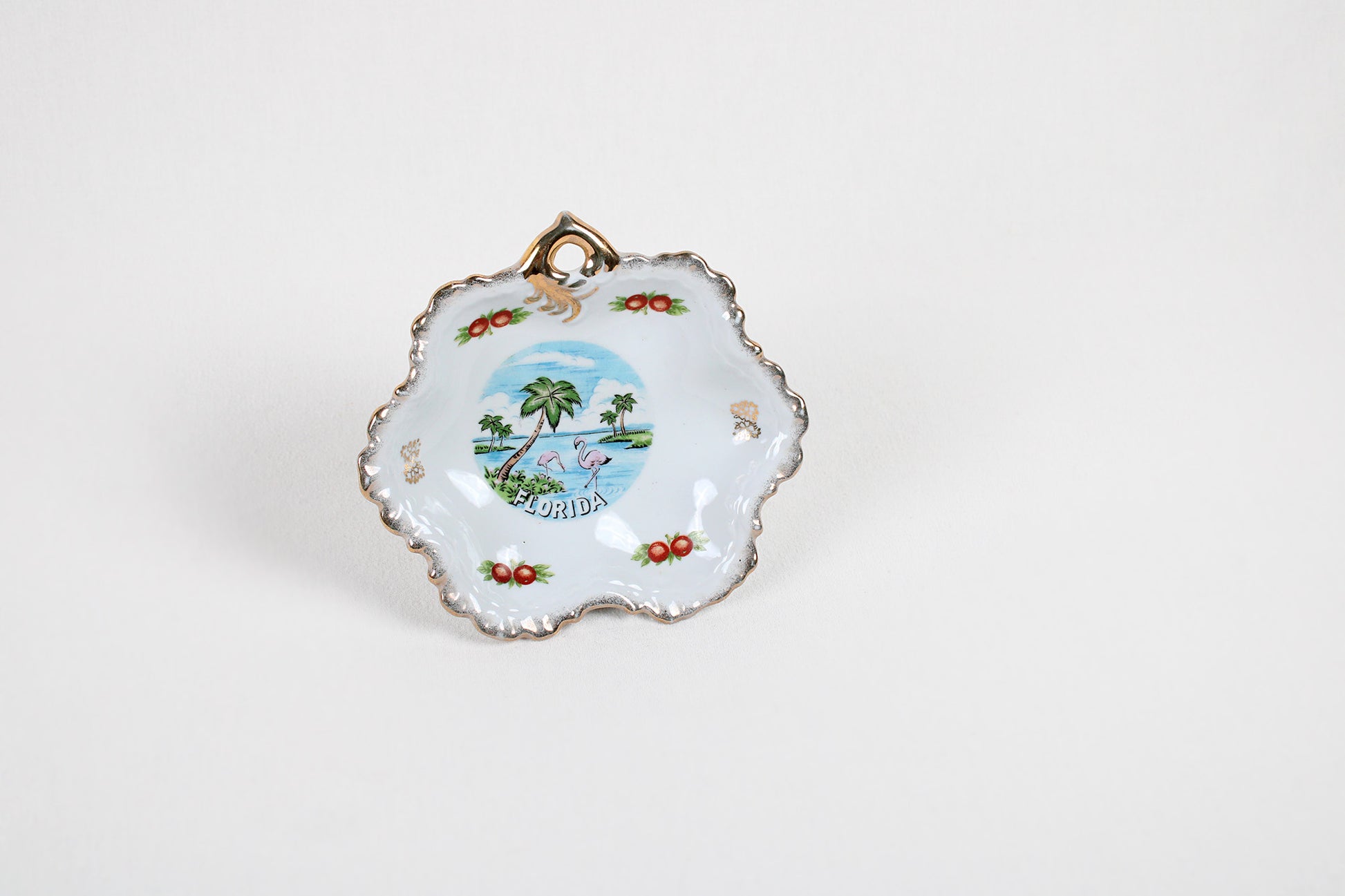 Florida Candy Dish / Trinket Holder / Wall Decor With Goldtoned Ruffled Edge