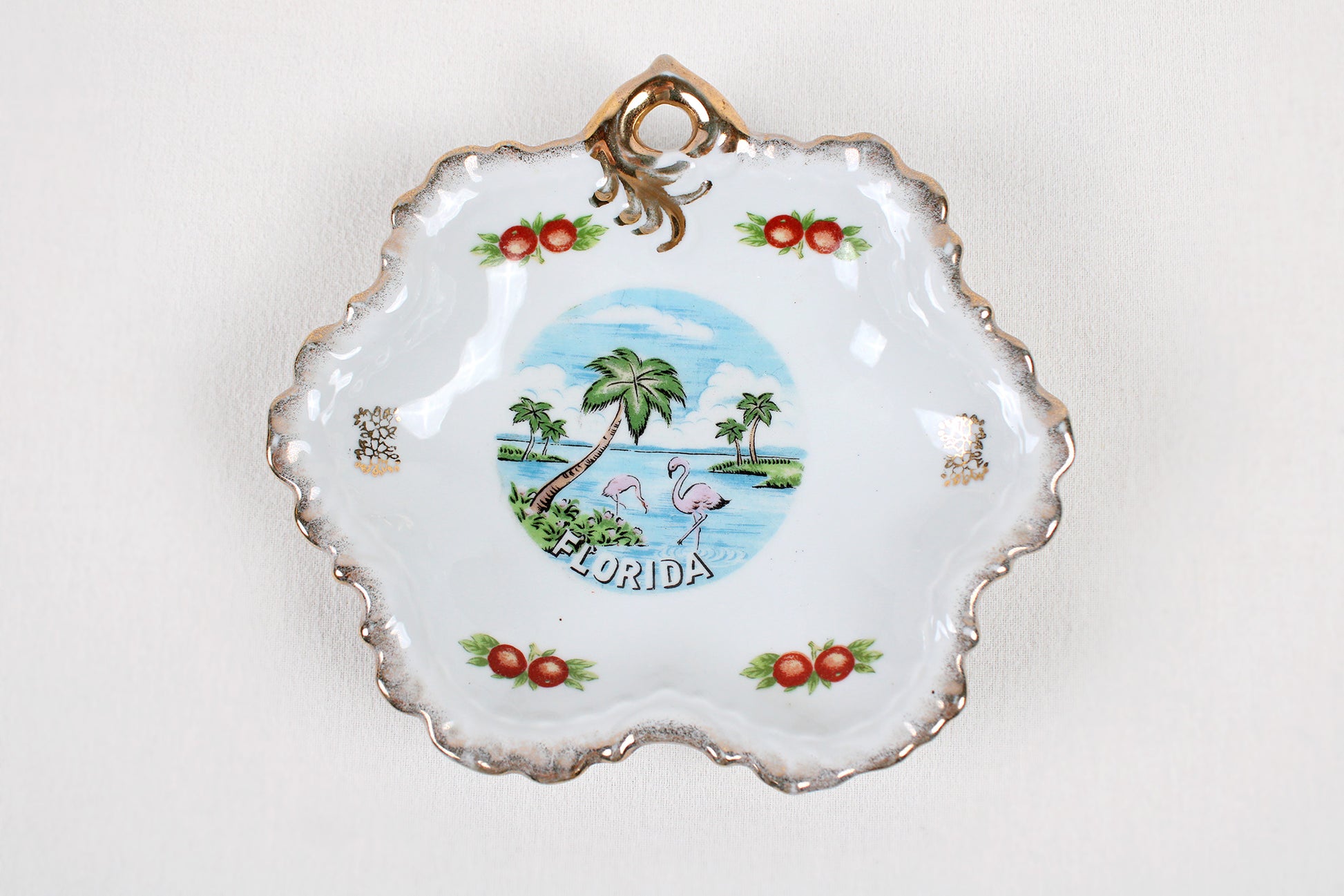 Florida Candy Dish / Trinket Holder / Wall Decor With Goldtoned Ruffled Edge