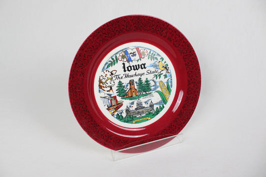 Souvenir Plate of Iowa, The Hawkeye State, Edged With Victorian Burgundy and Gold