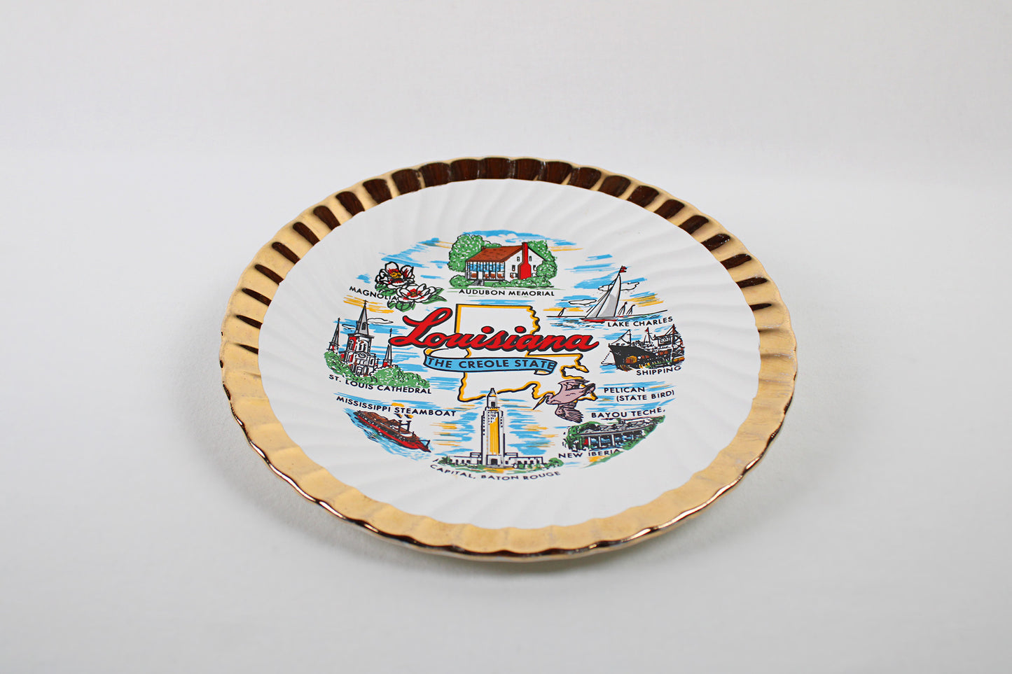 Louisiana “The Creole State” Raised Transferware Ceramic Souvenir Plate