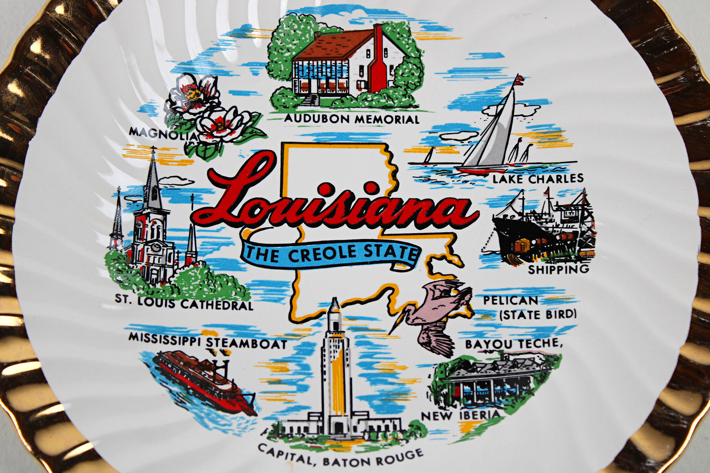 Louisiana “The Creole State” Raised Transferware Ceramic Souvenir Plate