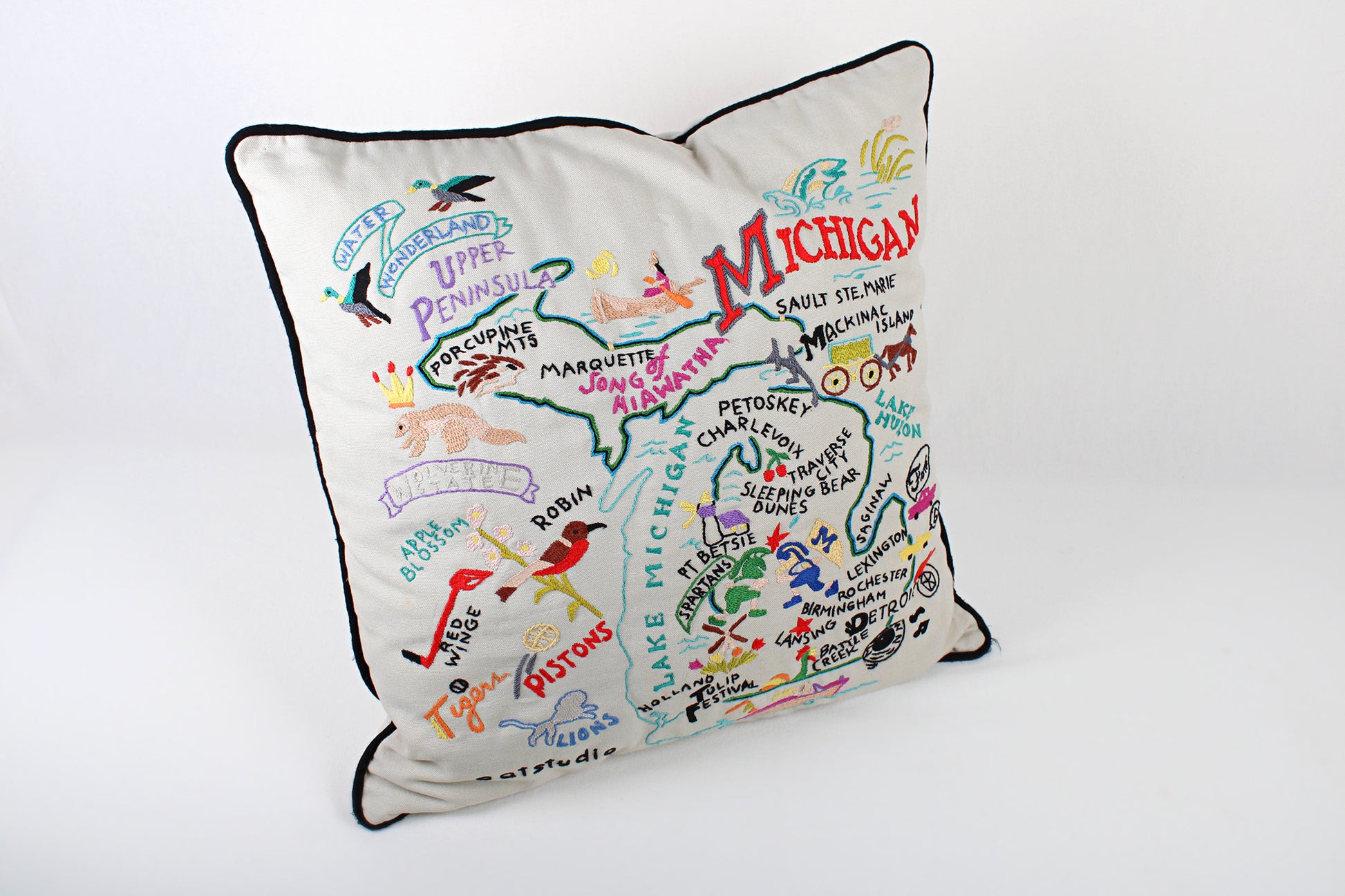 Michigan Embroidered Throw Pillow With Fun Map Of State Attractions