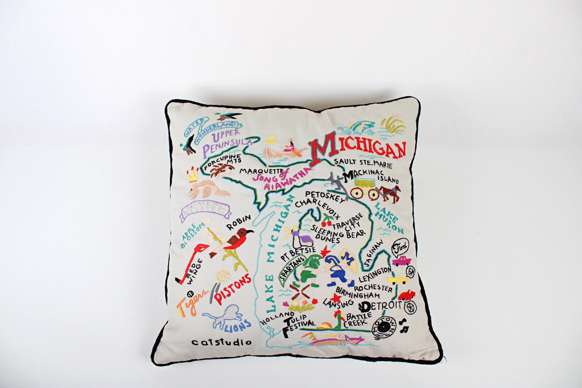 Michigan Embroidered Throw Pillow With Fun Map Of State Attractions
