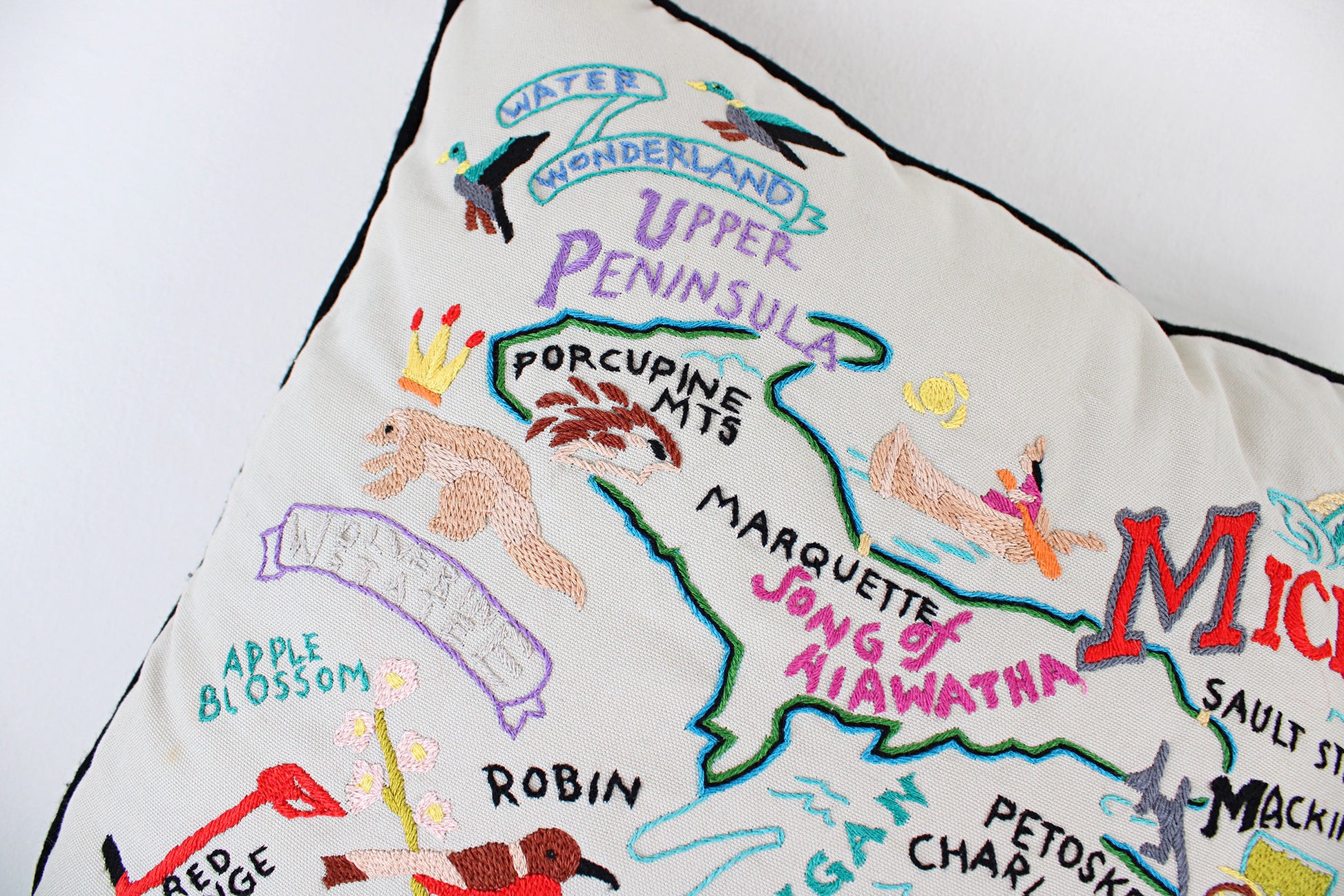 Michigan Embroidered Throw Pillow With Fun Map Of State Attractions
