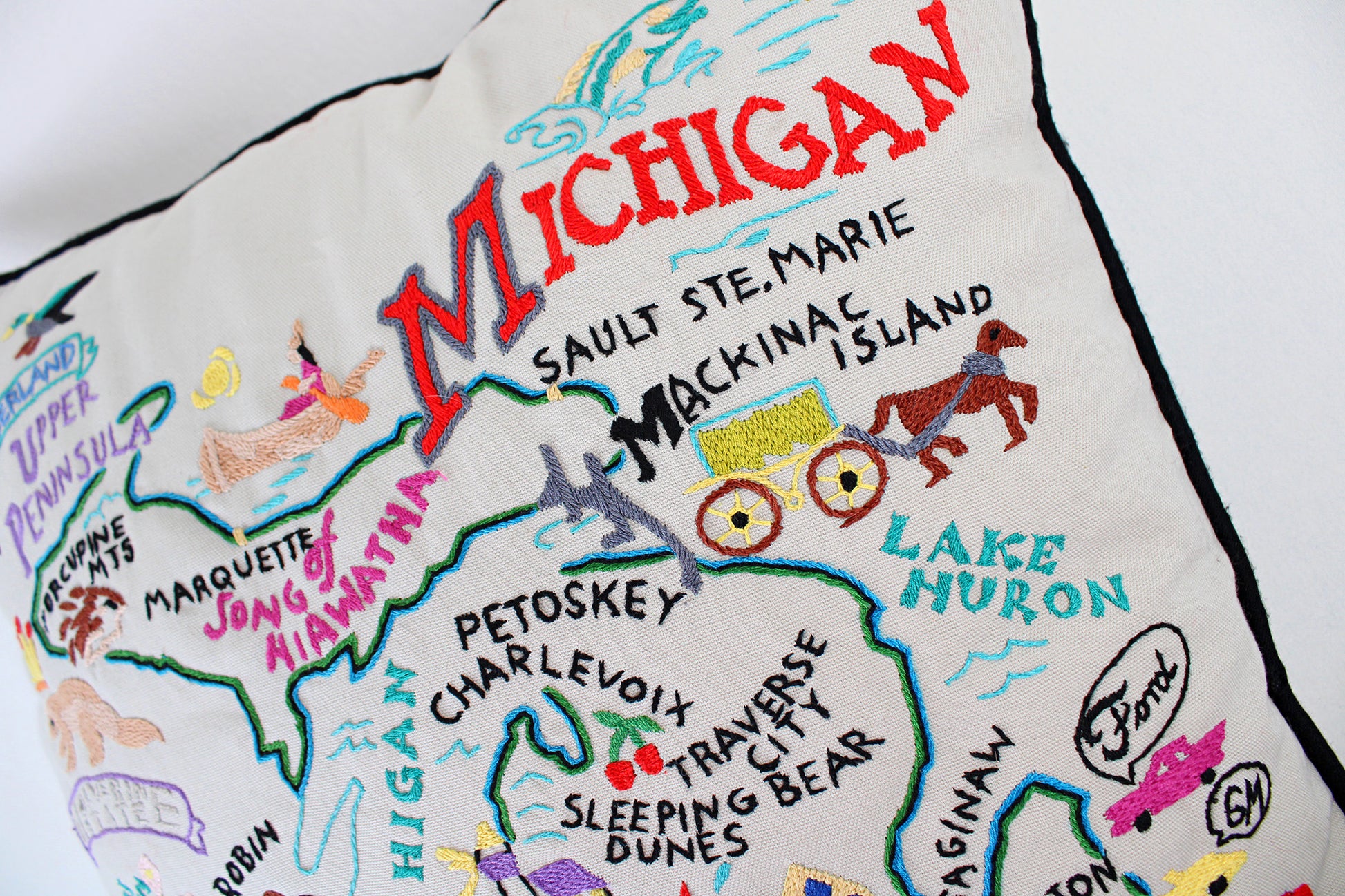 Michigan Embroidered Throw Pillow With Fun Map Of State Attractions