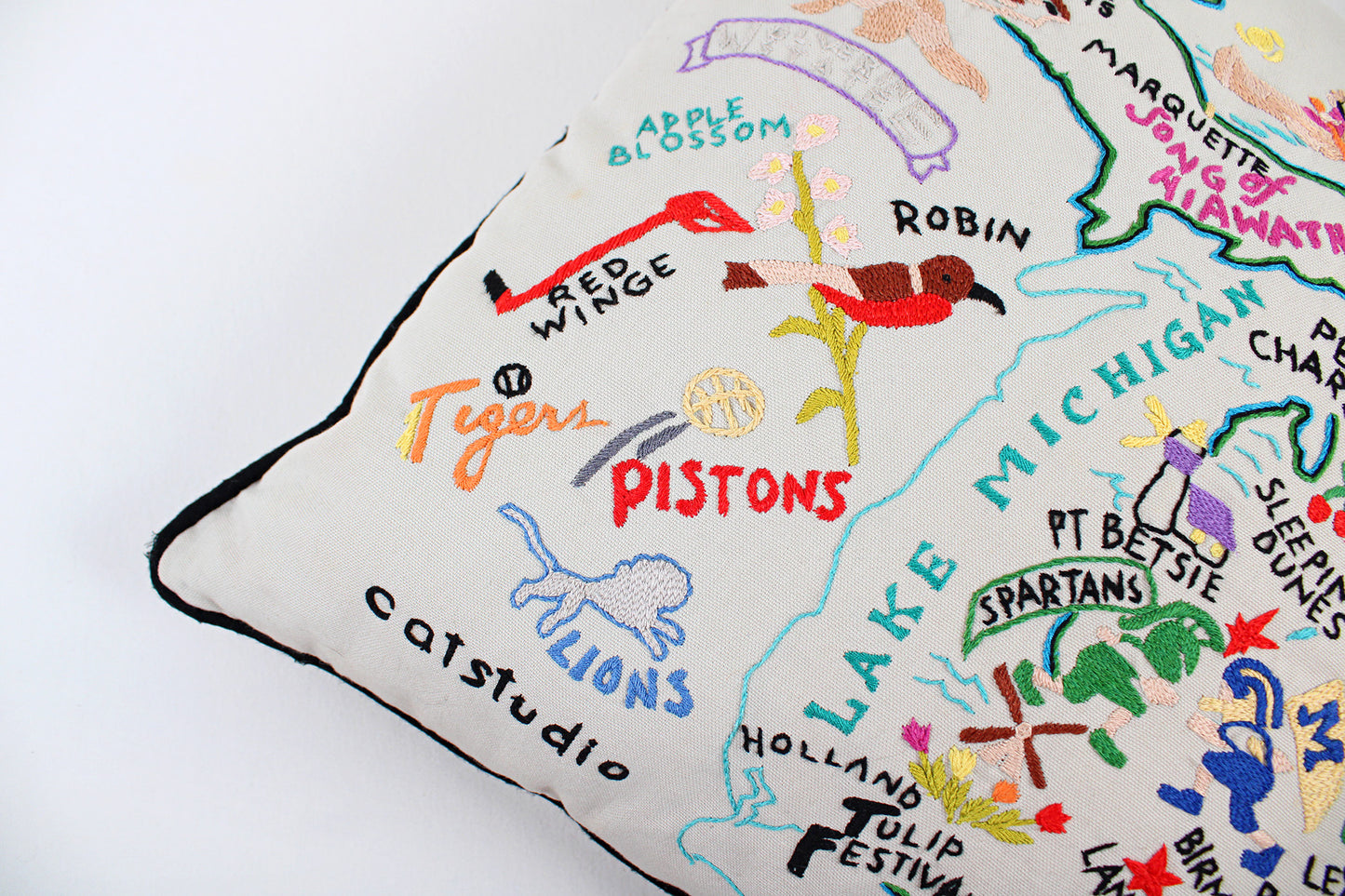 Michigan Embroidered Throw Pillow With Fun Map Of State Attractions