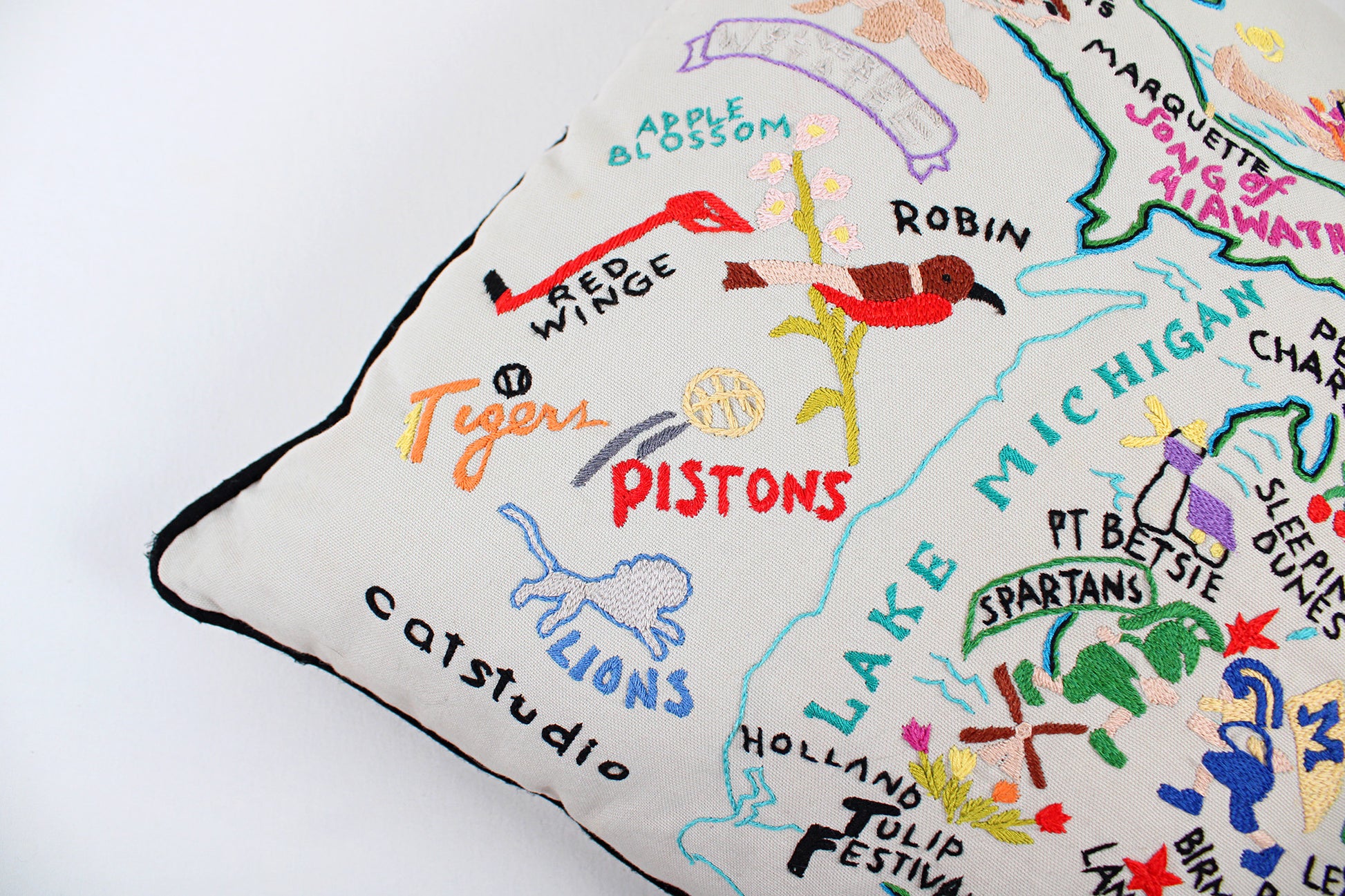 Michigan Embroidered Throw Pillow With Fun Map Of State Attractions