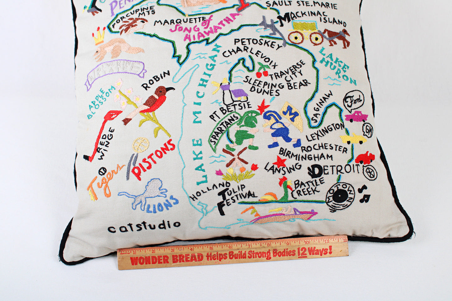 Michigan Embroidered Throw Pillow With Fun Map Of State Attractions