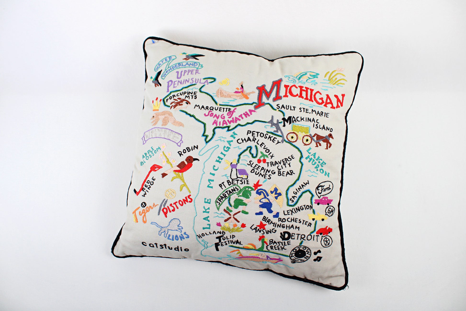 Michigan Embroidered Throw Pillow With Fun Map Of State Attractions