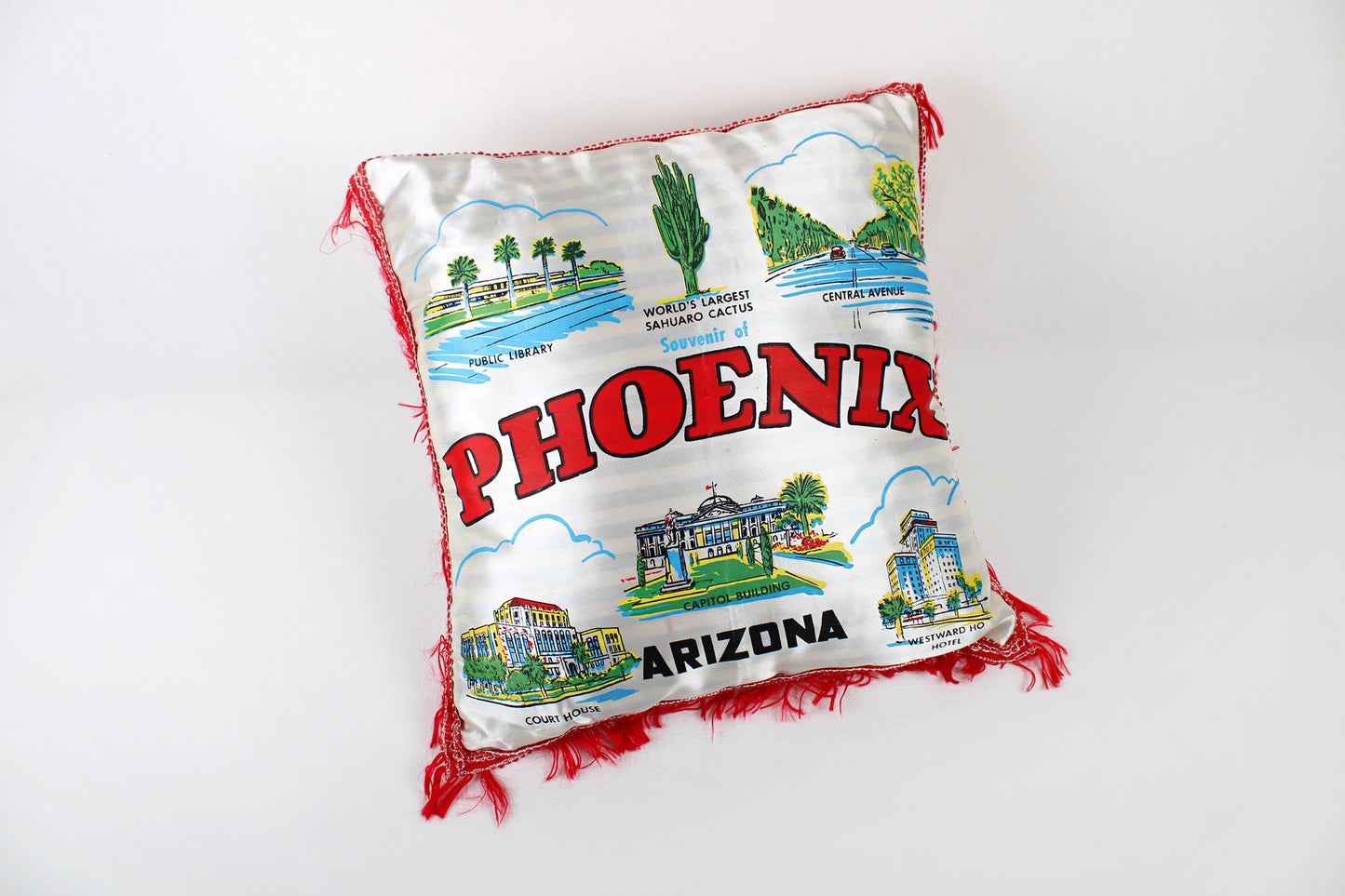 Phoenix, Arizona, Souvenir Fringed Satin Pillow Touting Area Attractions