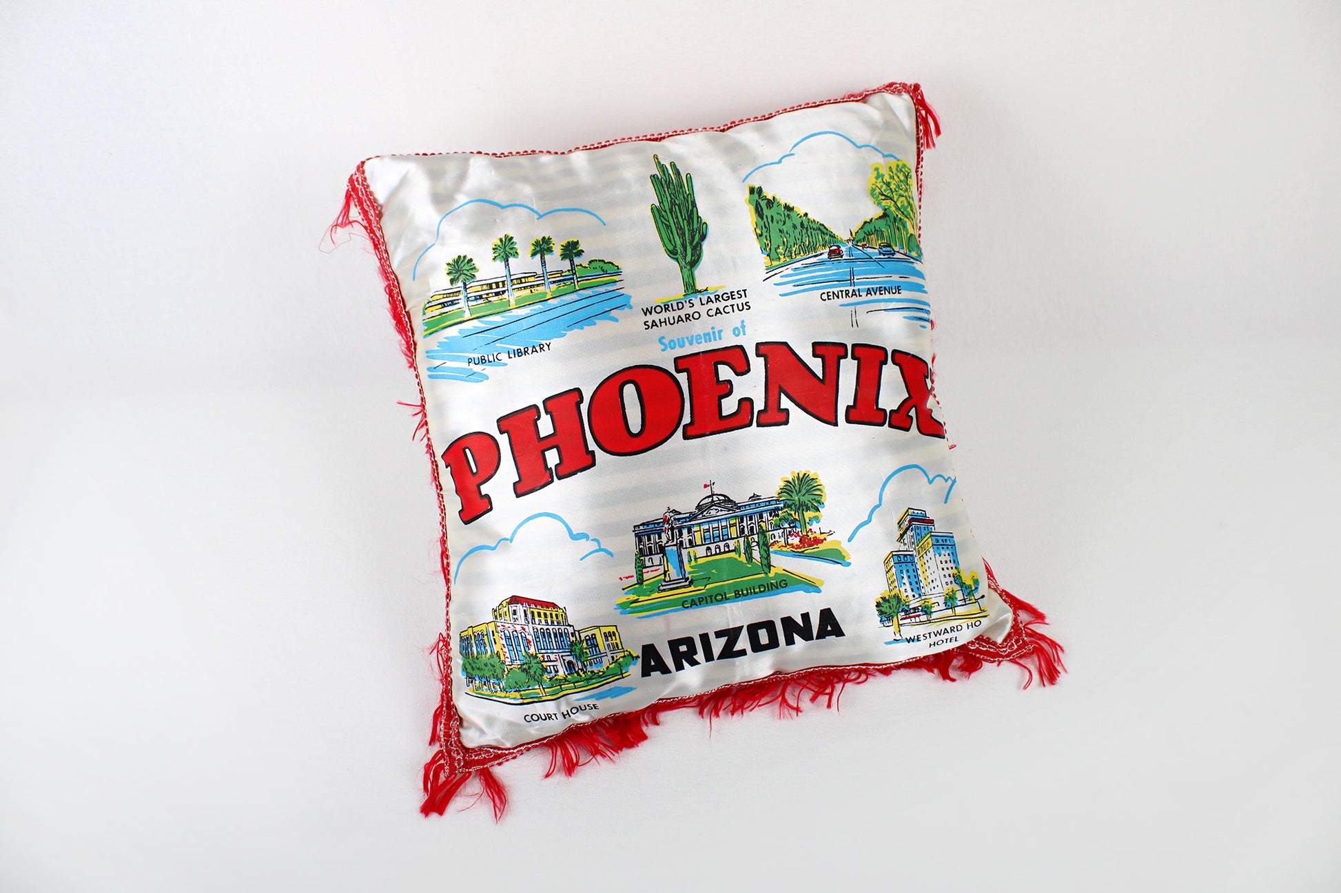Phoenix, Arizona, Souvenir Fringed Satin Pillow Touting Area Attractions