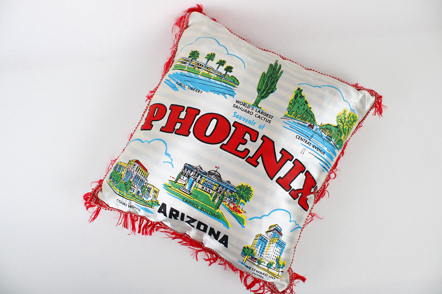Phoenix, Arizona, Souvenir Fringed Satin Pillow Touting Area Attractions