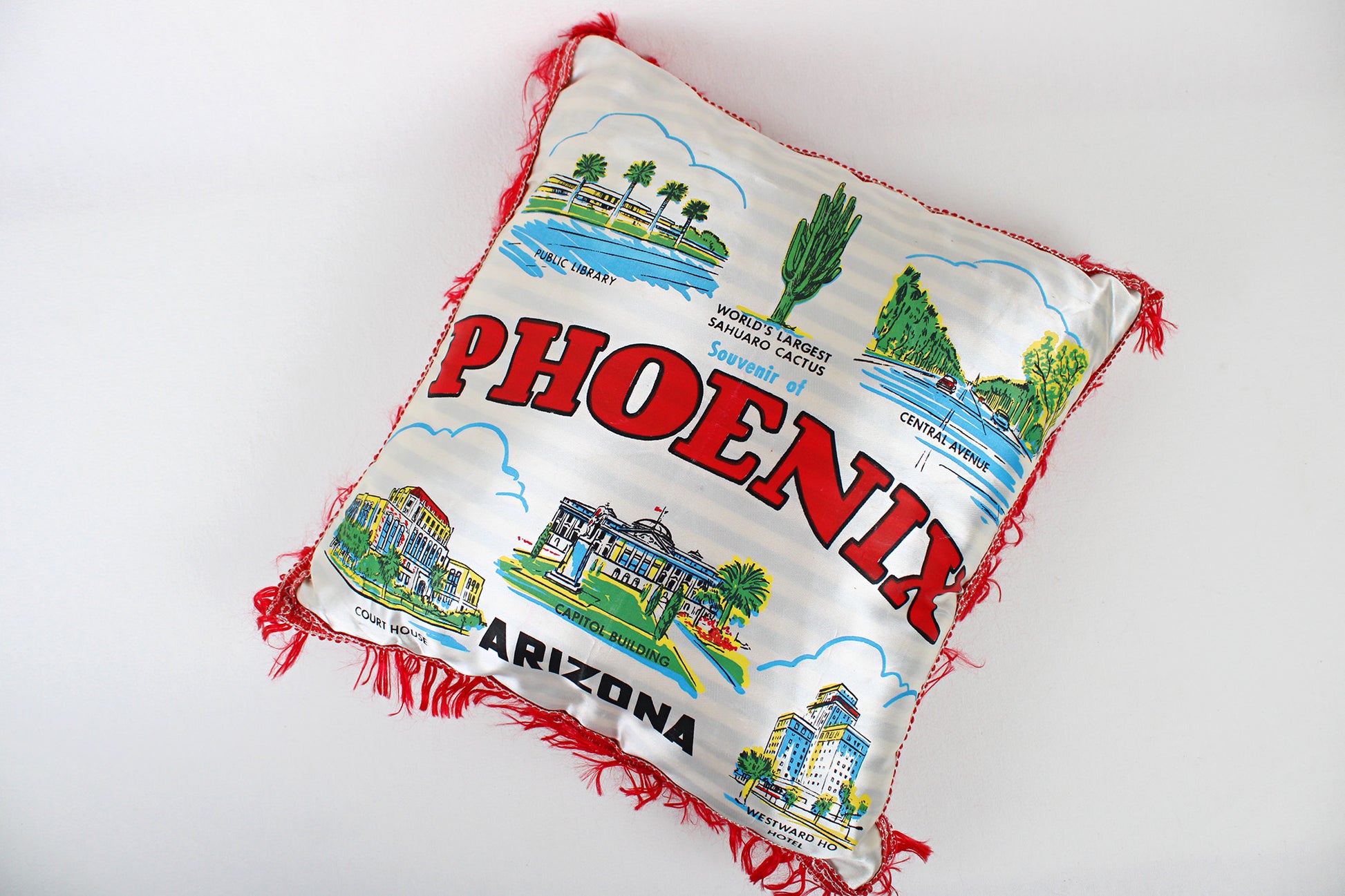 Phoenix, Arizona, Souvenir Fringed Satin Pillow Touting Area Attractions