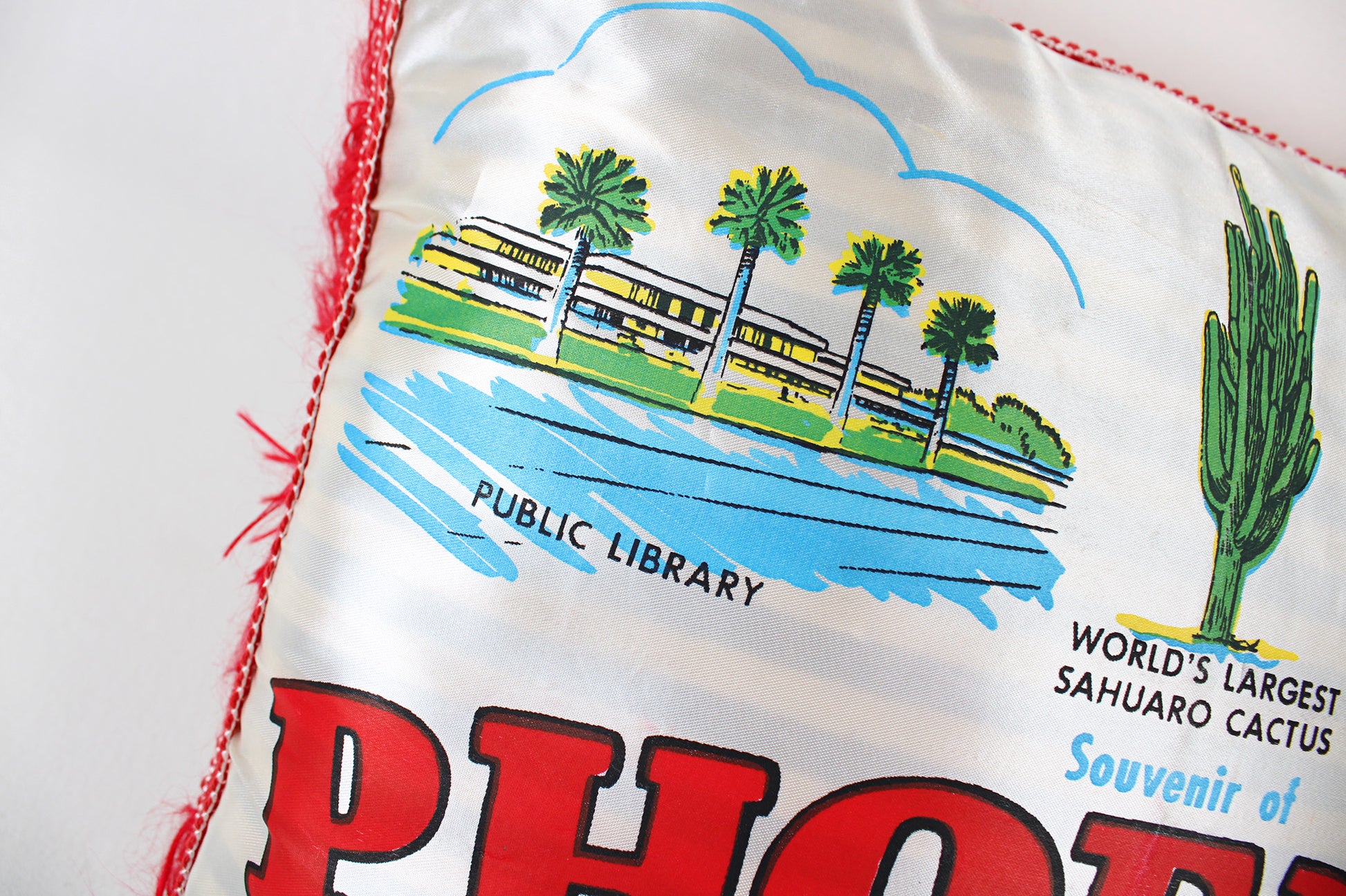 Phoenix, Arizona, Souvenir Fringed Satin Pillow Touting Area Attractions
