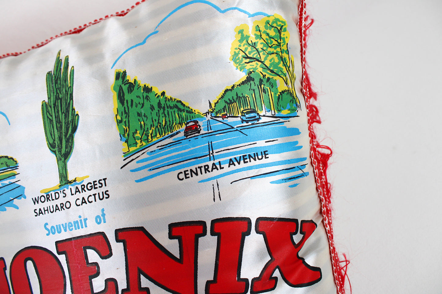 Phoenix, Arizona, Souvenir Fringed Satin Pillow Touting Area Attractions