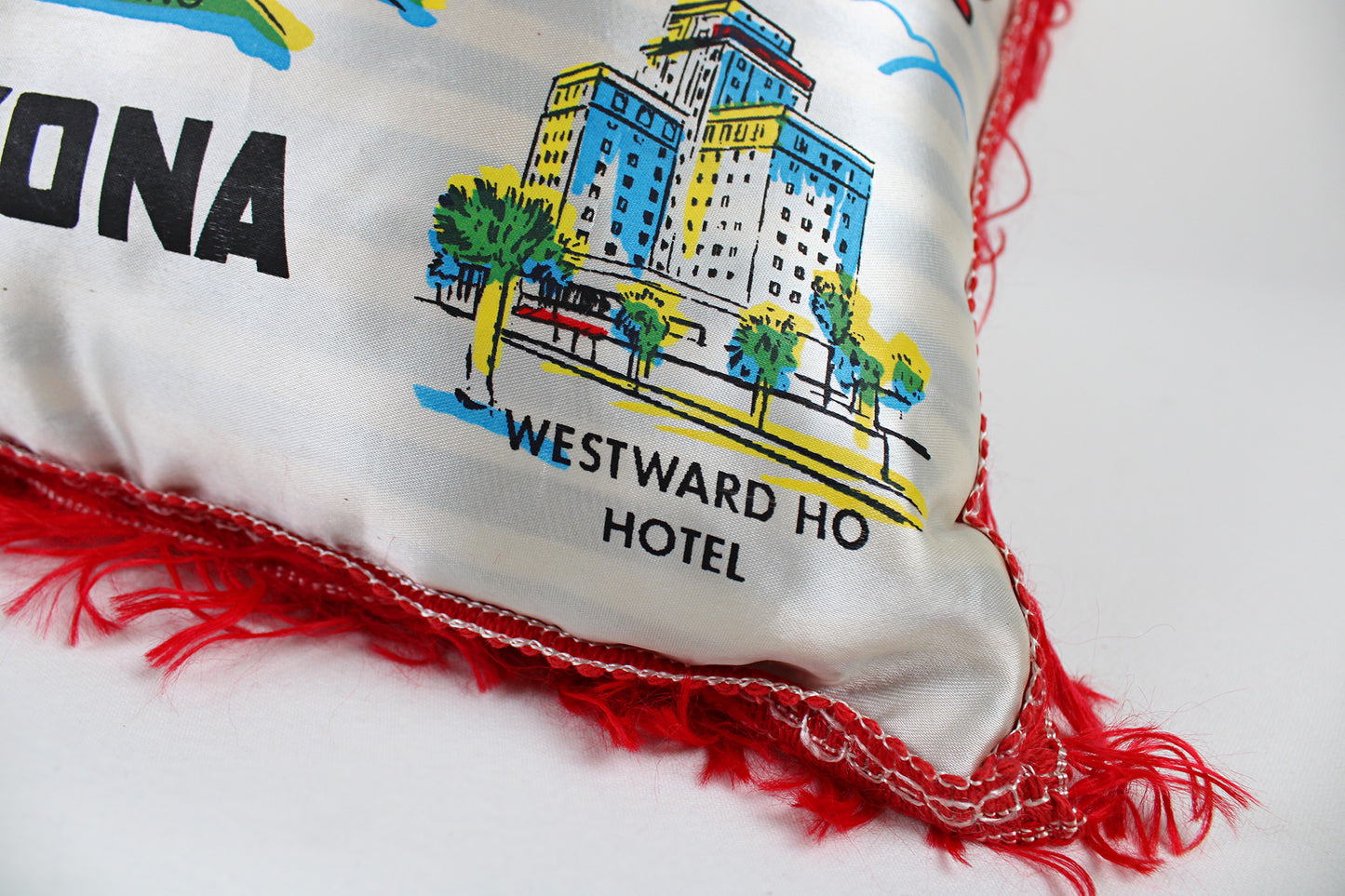 Phoenix, Arizona, Souvenir Fringed Satin Pillow Touting Area Attractions