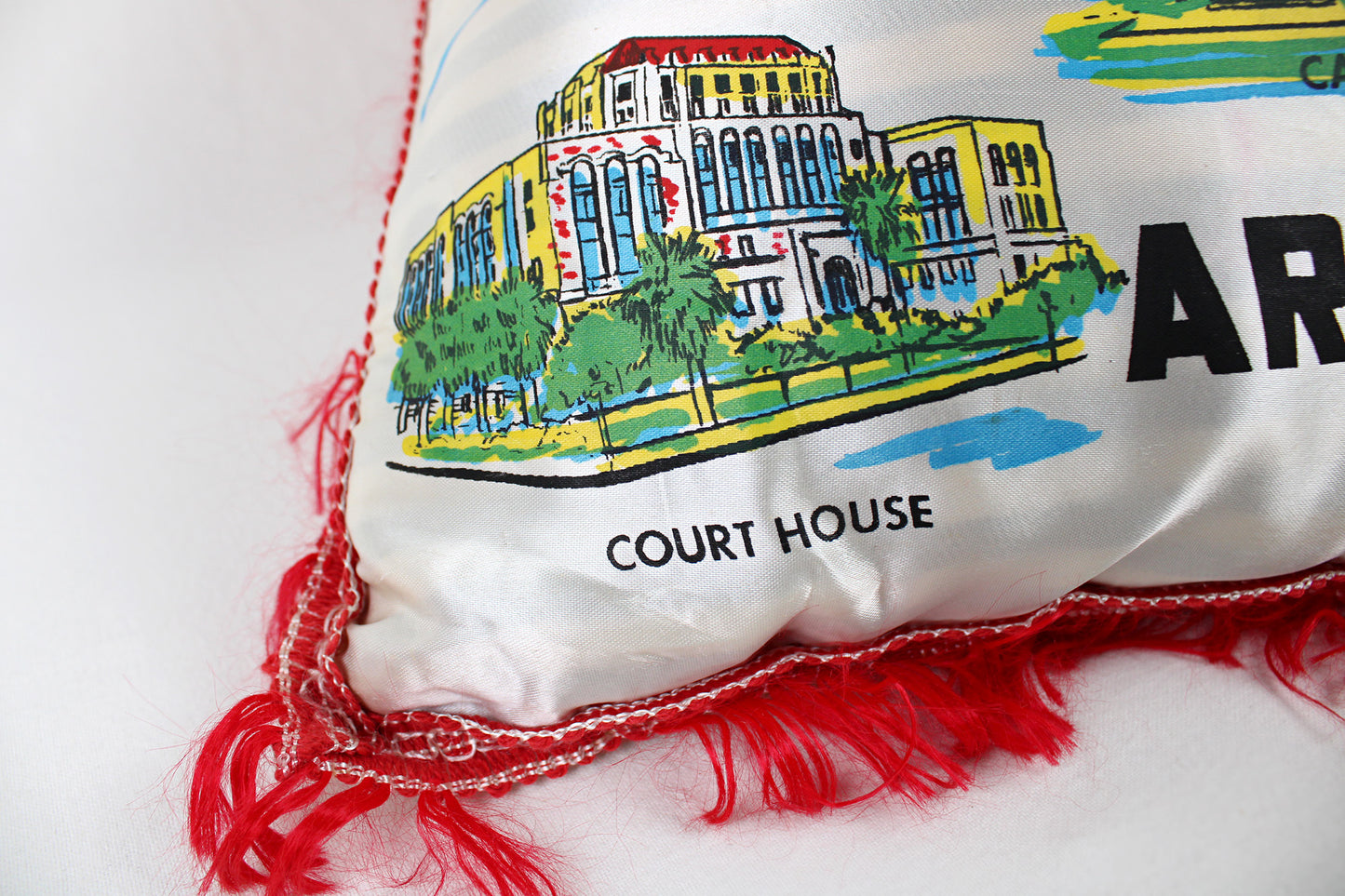 Phoenix, Arizona, Souvenir Fringed Satin Pillow Touting Area Attractions
