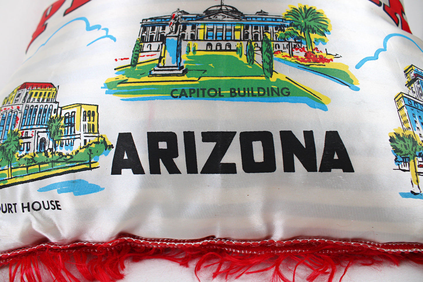 Phoenix, Arizona, Souvenir Fringed Satin Pillow Touting Area Attractions