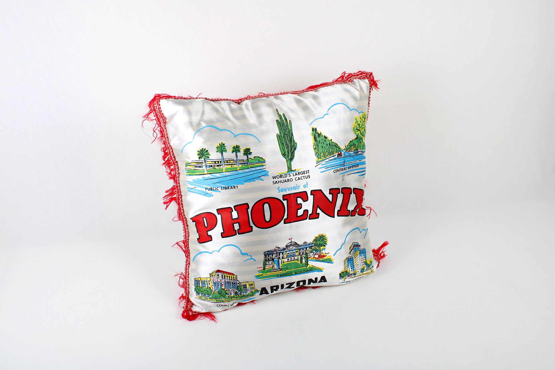 Phoenix, Arizona, Souvenir Fringed Satin Pillow Touting Area Attractions