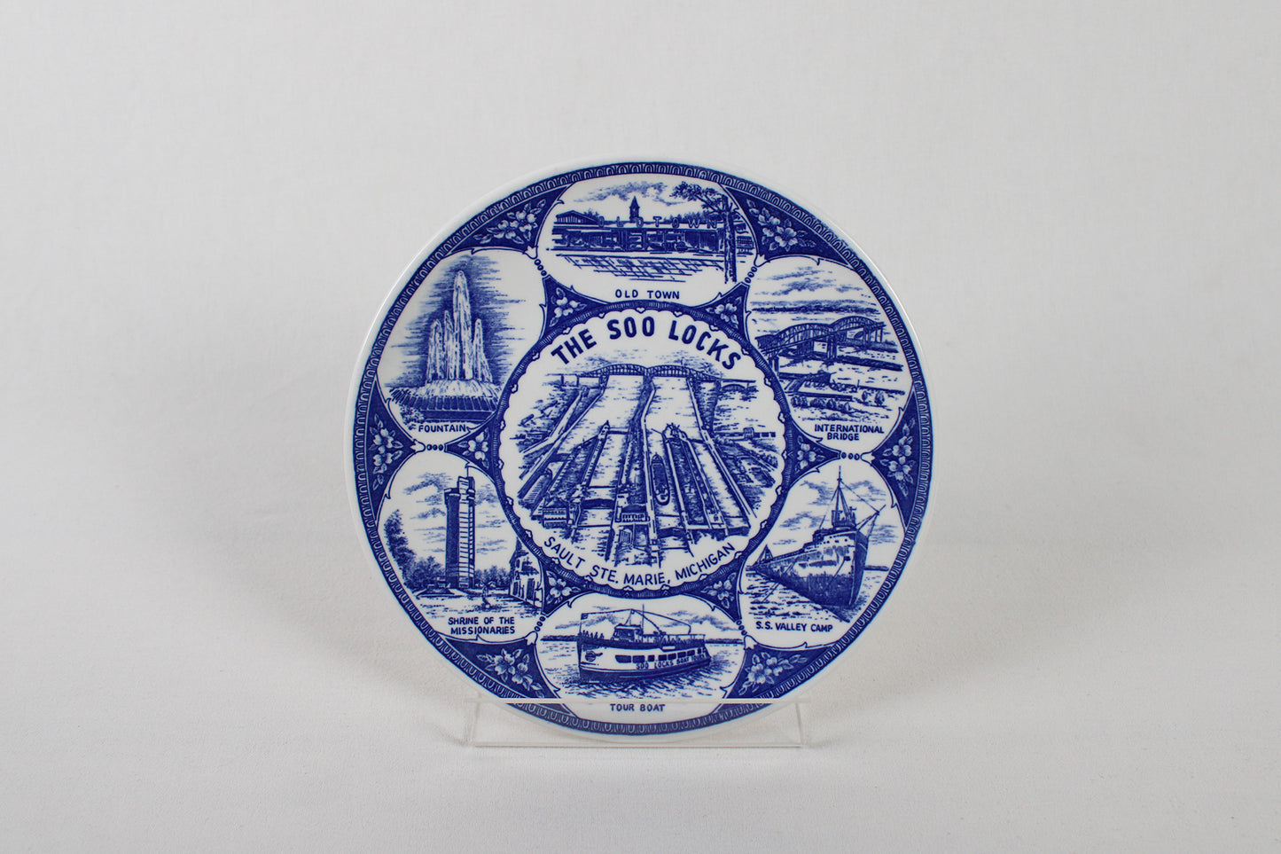 The Soo Locks in Sault Ste. Marie, Michigan, Blue Porcelain Souvenir Plate