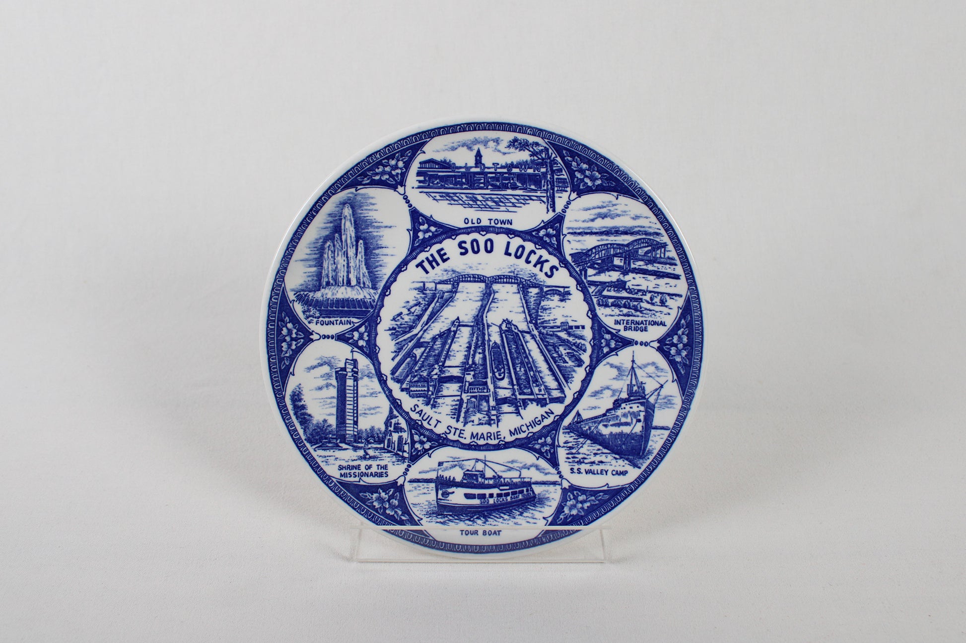 The Soo Locks in Sault Ste. Marie, Michigan, Blue Porcelain Souvenir Plate