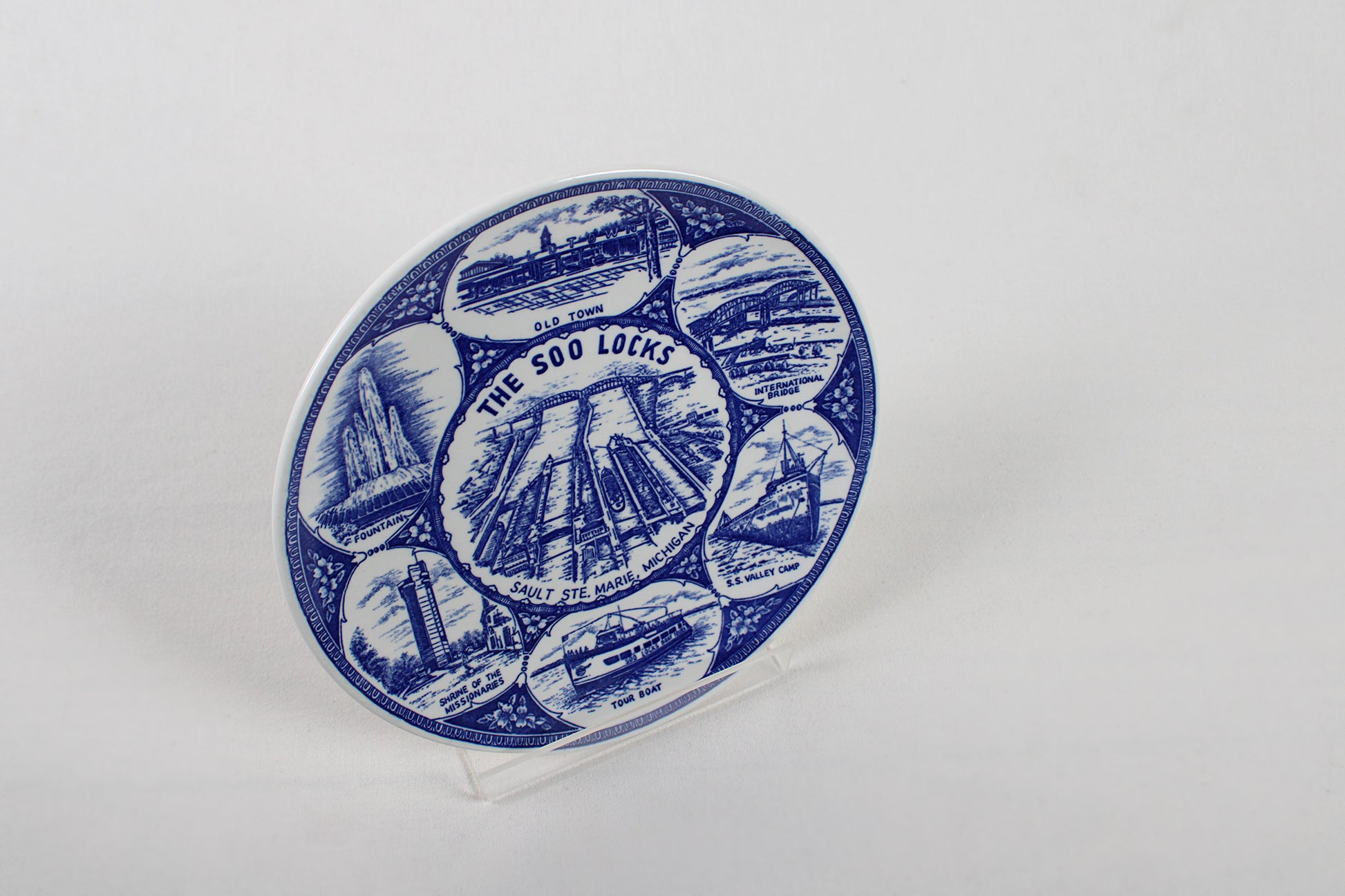 The Soo Locks in Sault Ste. Marie, Michigan, Blue Porcelain Souvenir Plate