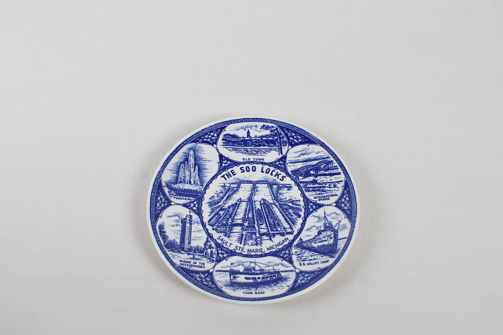 The Soo Locks in Sault Ste. Marie, Michigan, Blue Porcelain Souvenir Plate