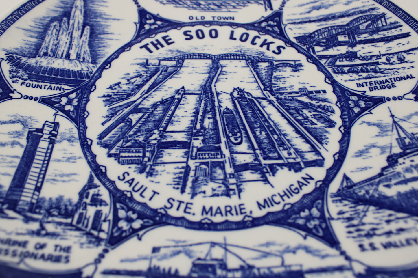 The Soo Locks in Sault Ste. Marie, Michigan, Blue Porcelain Souvenir Plate