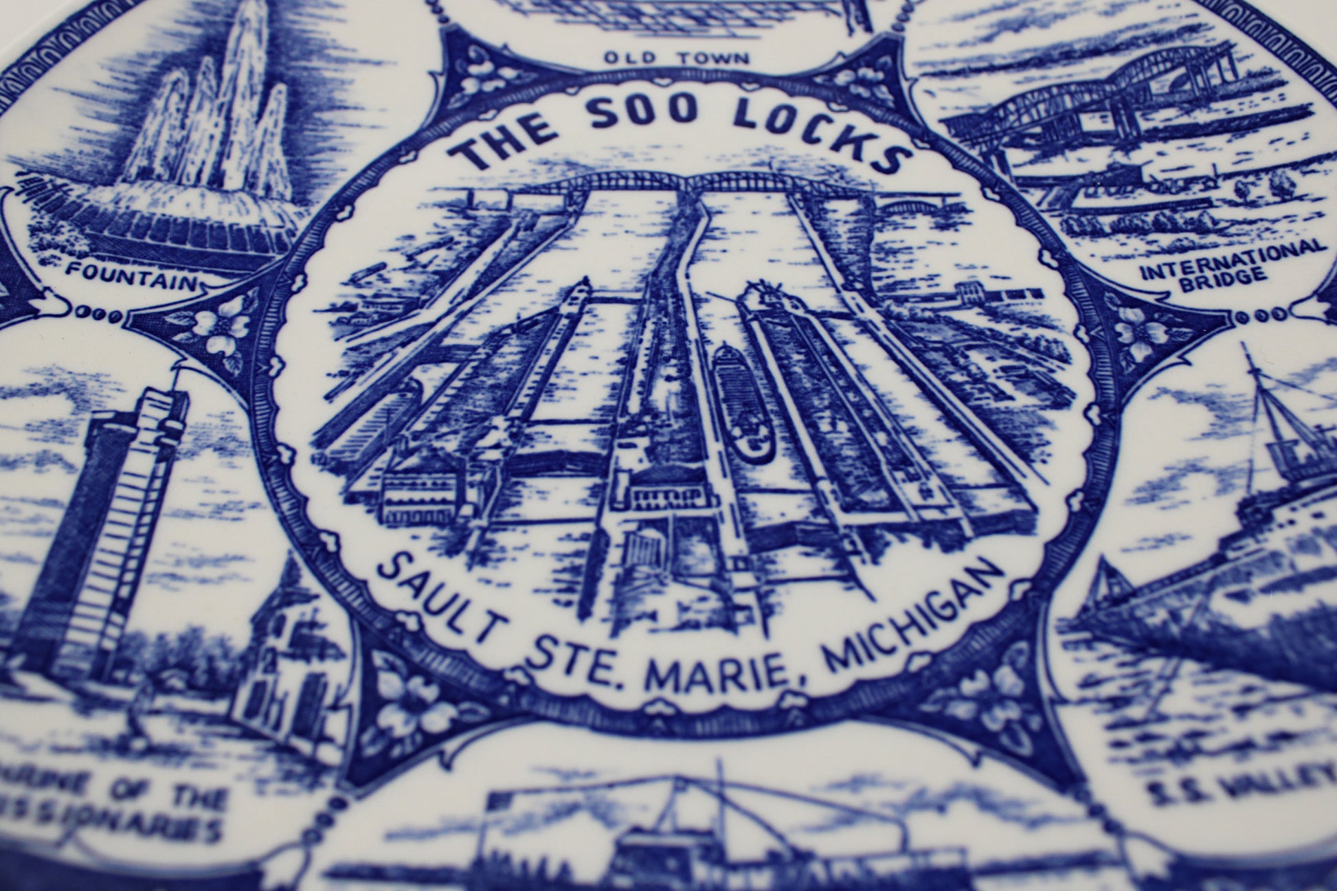 The Soo Locks in Sault Ste. Marie, Michigan, Blue Porcelain Souvenir Plate