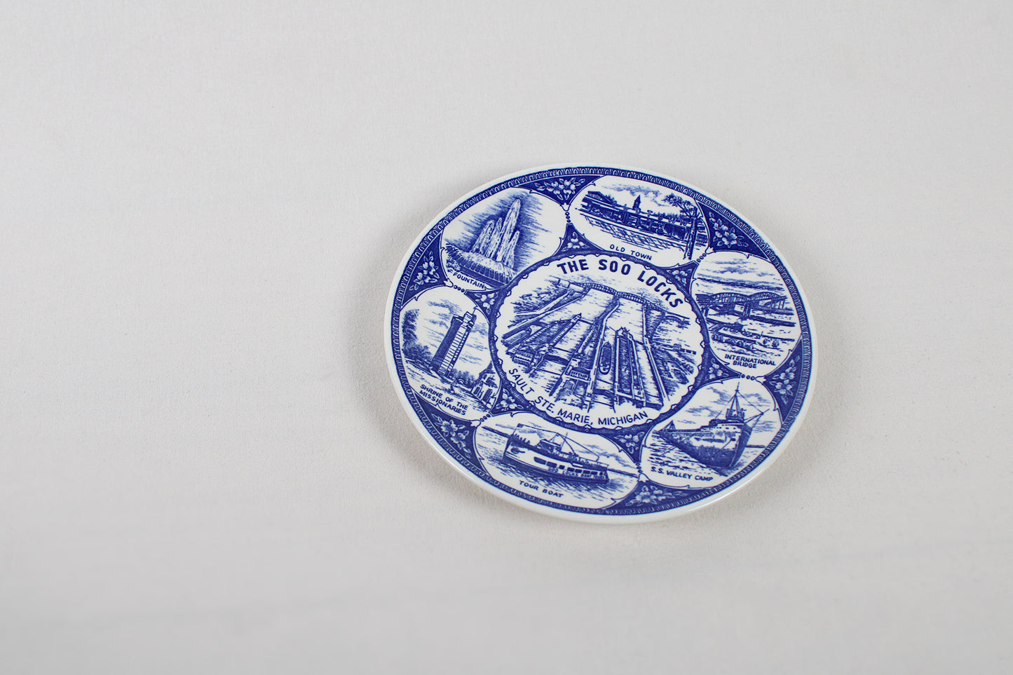 The Soo Locks in Sault Ste. Marie, Michigan, Blue Porcelain Souvenir Plate