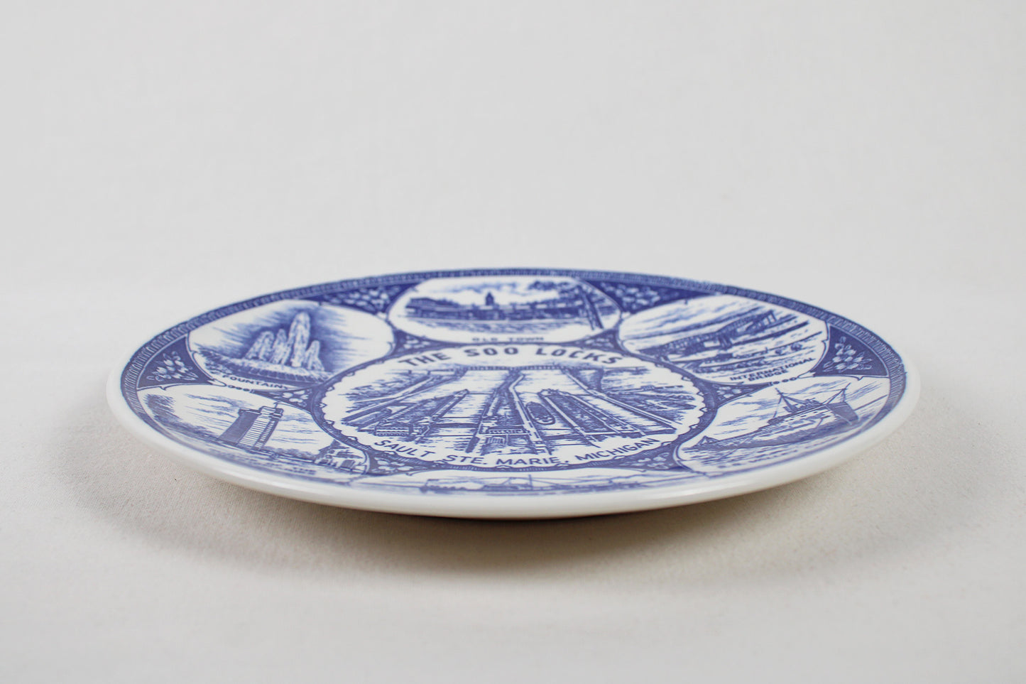 The Soo Locks in Sault Ste. Marie, Michigan, Blue Porcelain Souvenir Plate